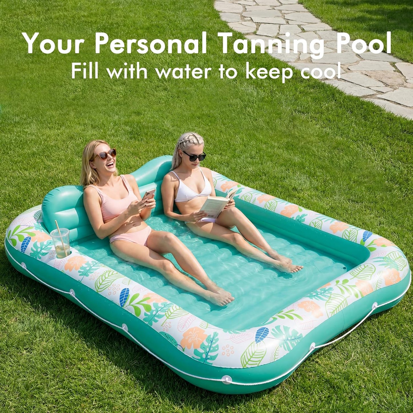 Hot Inflatable Tanning Pool Lounger Float, Stonful Pool Floats Adult with Pillow & Cup Holder, 4 in 1 Water Filled Inflatable Sun Tan Tub Tanning Bed for Swimming Pool Backyard Beach