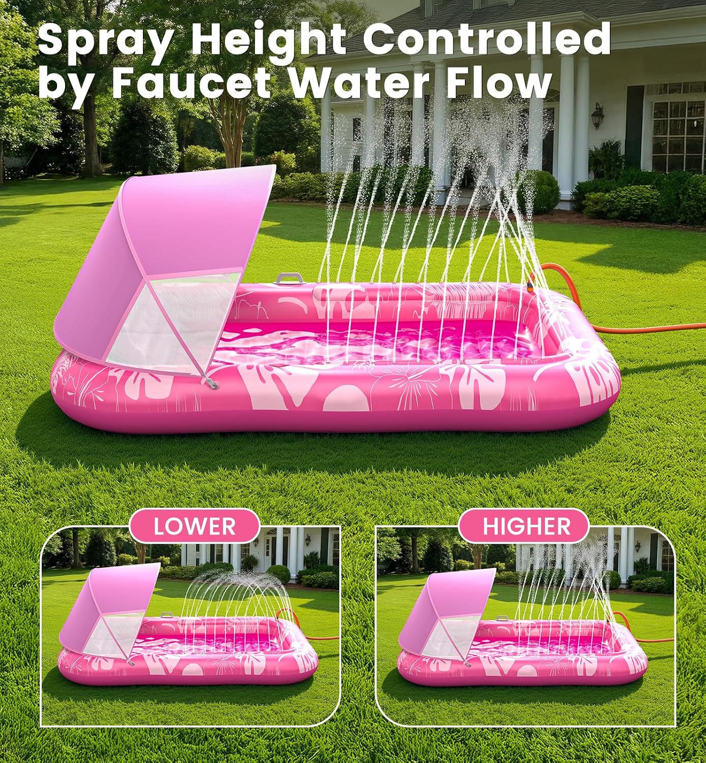 Hot Inflatable Tanning Pool Lounger Float with Sprinkler & Canopy UPF50+, 77" x 48" Extra Large Tanning Pool Float for Adults, Sunbathing Water Lounge Bed with Pillow & Cup Holder for Backyard & Pool