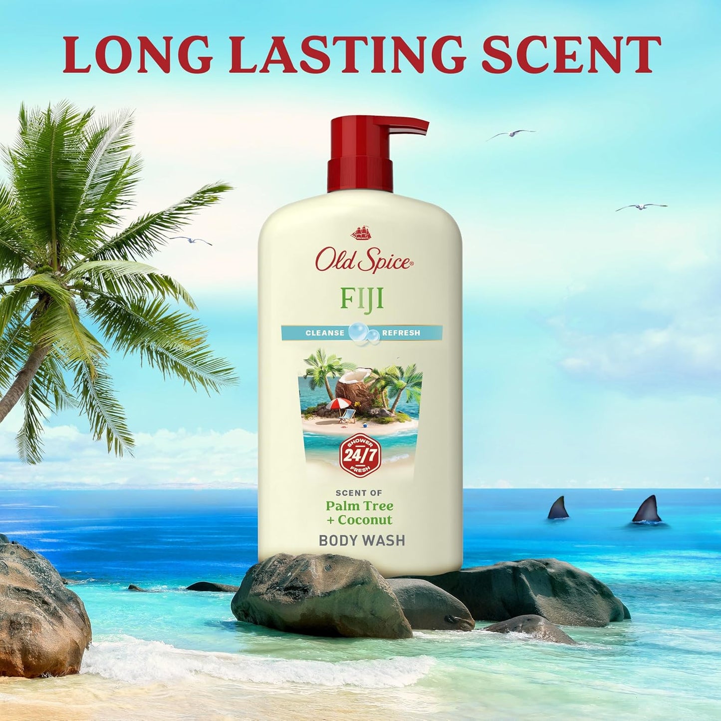 HotOld Spice Body Wash for Men, 24/7 Shower Fresh with Lasting Scent, Cleanse & Refresh, Gentle on Skin, Vitamin B3, Fiji with Palm Tree + Coconut Scent, 25 oz (Pack of 4)