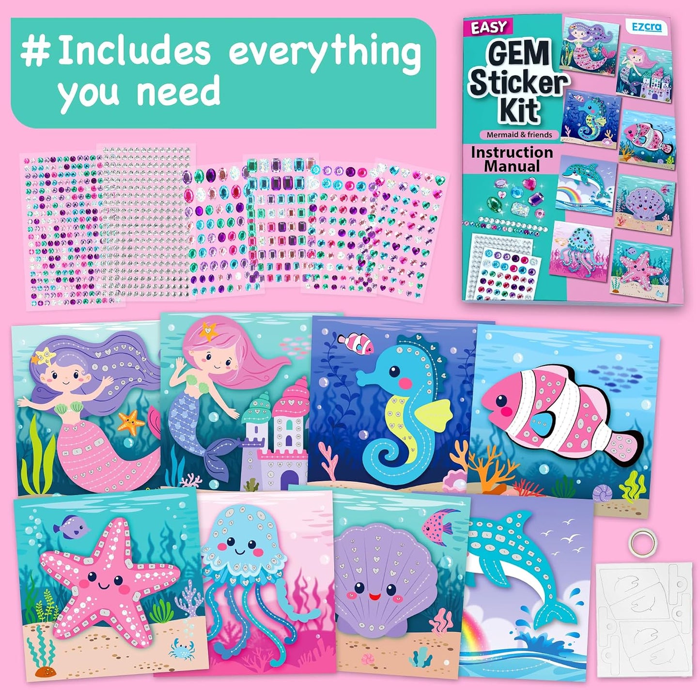 Hot EZCRA Mermaid Gem Sticker Kit for Kids - 800 Stickers, 8 Underwater Themes | Diamond Art Stickers and Gem Craft Set. Mess-Free and DIY Arts and Crafts. Birthday and Holiday Gift for Girls Ages 3-8.