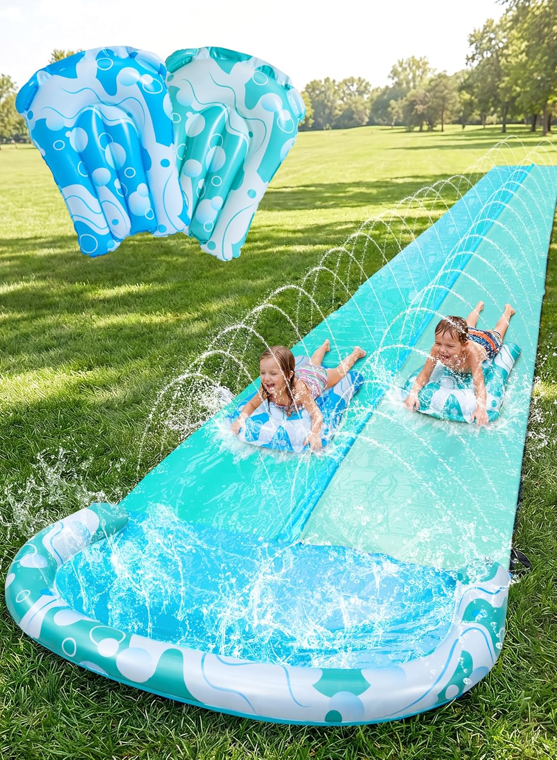 HotJOYIN 22.5ft Water Slides and 2 Bodyboards, Lawn Water Slide Summer Slip Waterslides Water Toy with Build in Sprinkler for Backyard Outdoor Water Fun for Kids