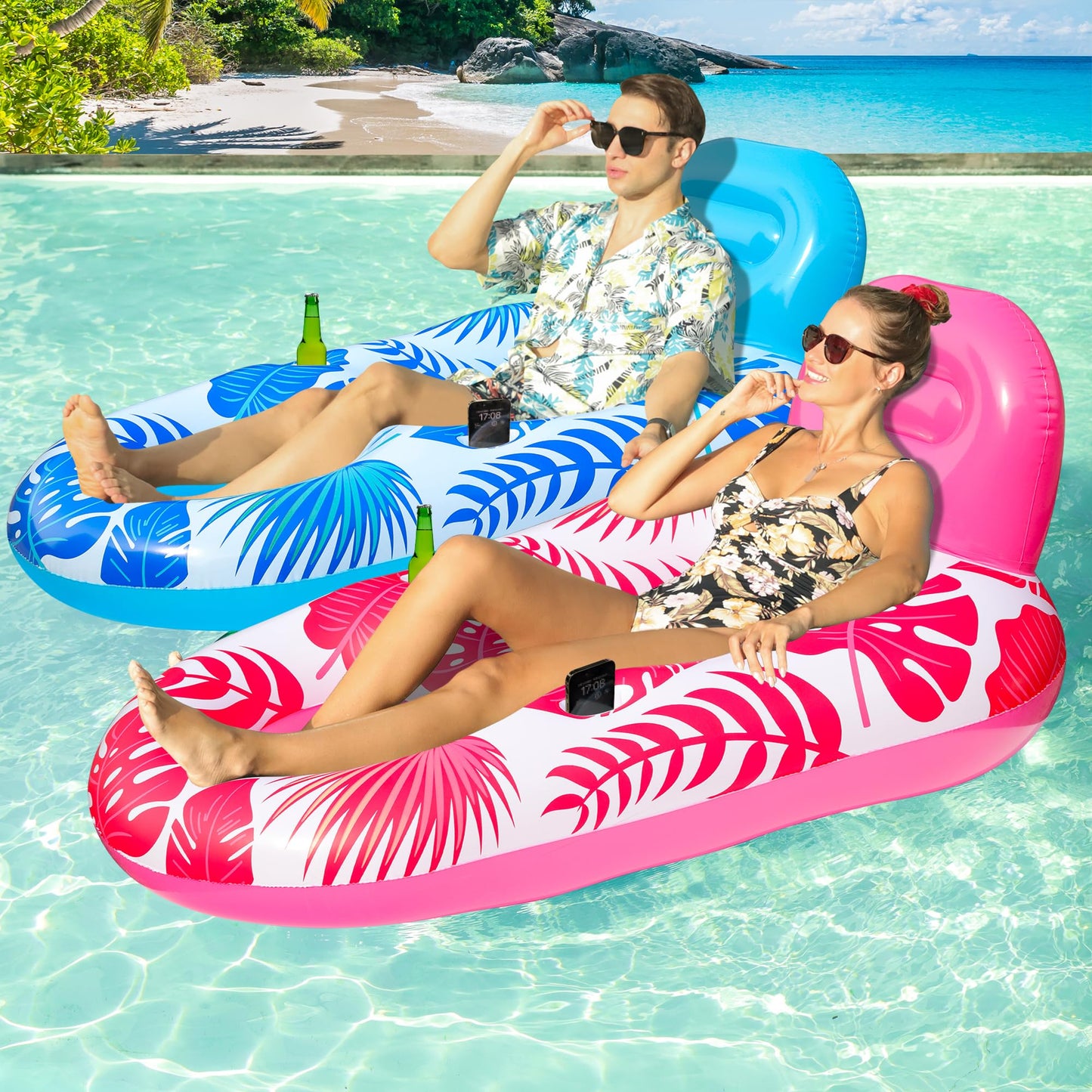 HotFindUWill Pool Floats Chairs Adult - 2 Pack 65'' x 42'' Large Pool Float Chairs, Inflatable Pool Lounger with Cup Phone Holder, Backrest, Footrest, Tanning Pool Lounge