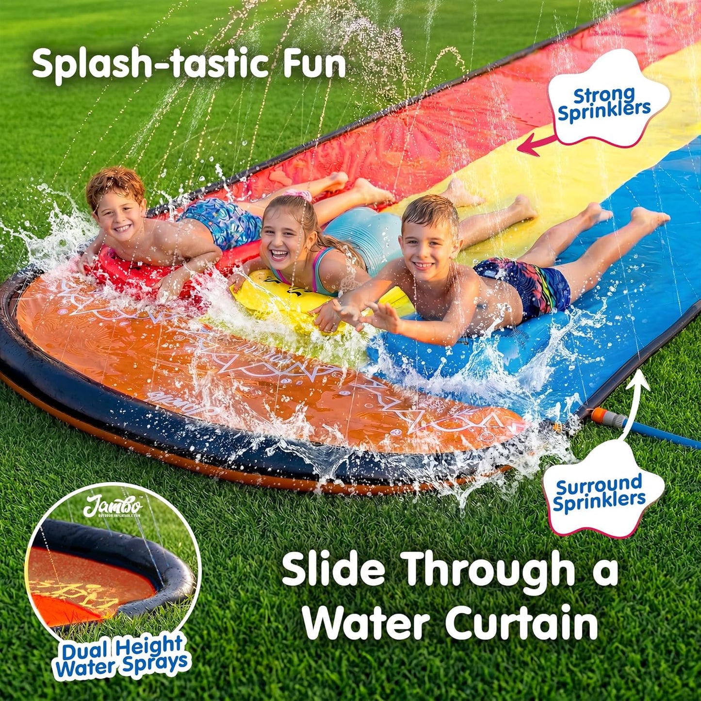 HotJAMBO Premium Triple Water Slide and 3 Bodyboards, 16Ft Heavy Duty Slip Splash and Slides-Advanced 3-Way Sprinkler System, Splash Pad Mat Backyard Summer Outdoor Water Toys n Long Slides for Kids