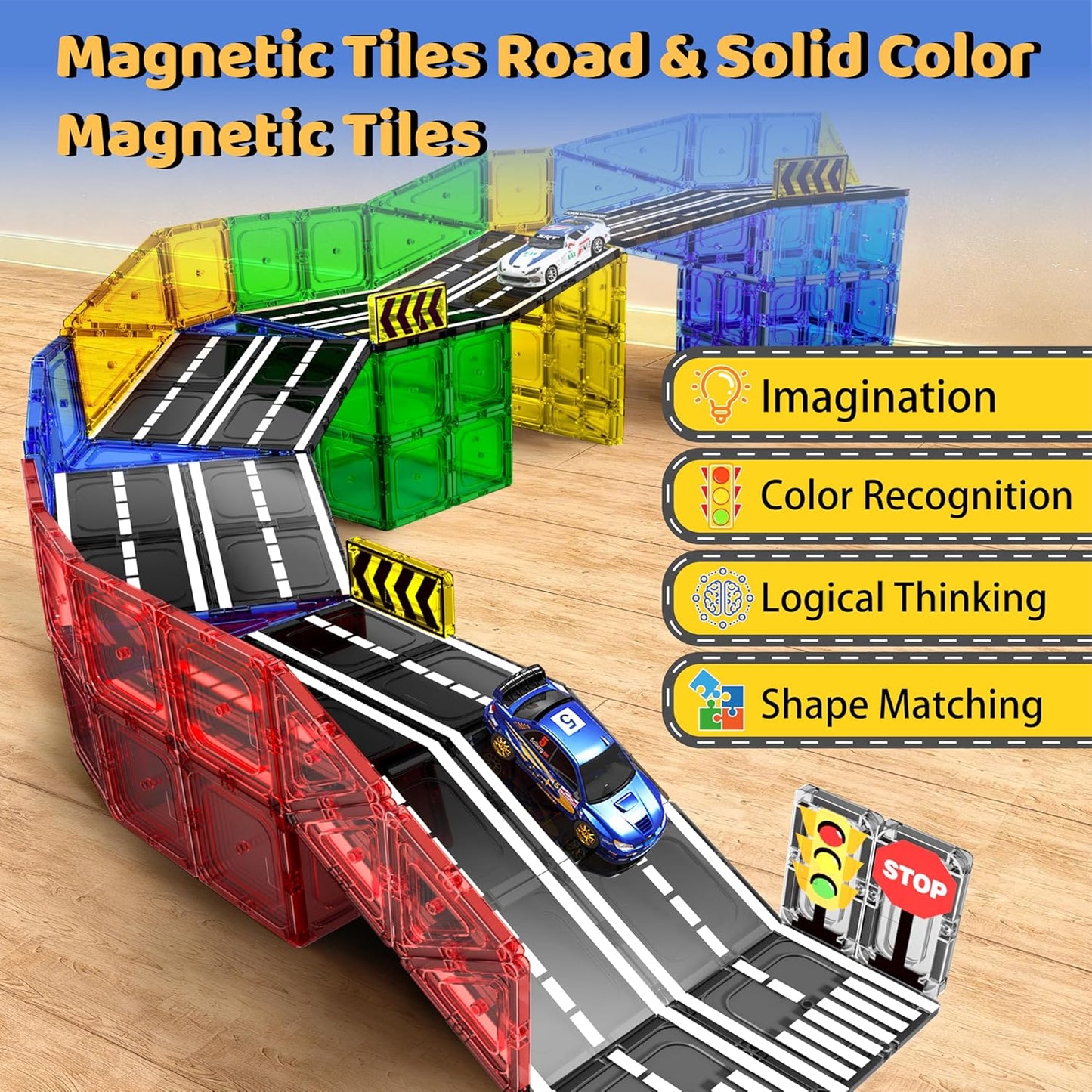Hot Magnetic Tiles - Road Set, Magnetic Building Blocks, Preschool Montessori Toys Gift for 3+ Year Old Boys and Girls, Sensory Christmas Toys for Kids Aged 3-5 and 4-8, Ideas for Toddler with Autism
