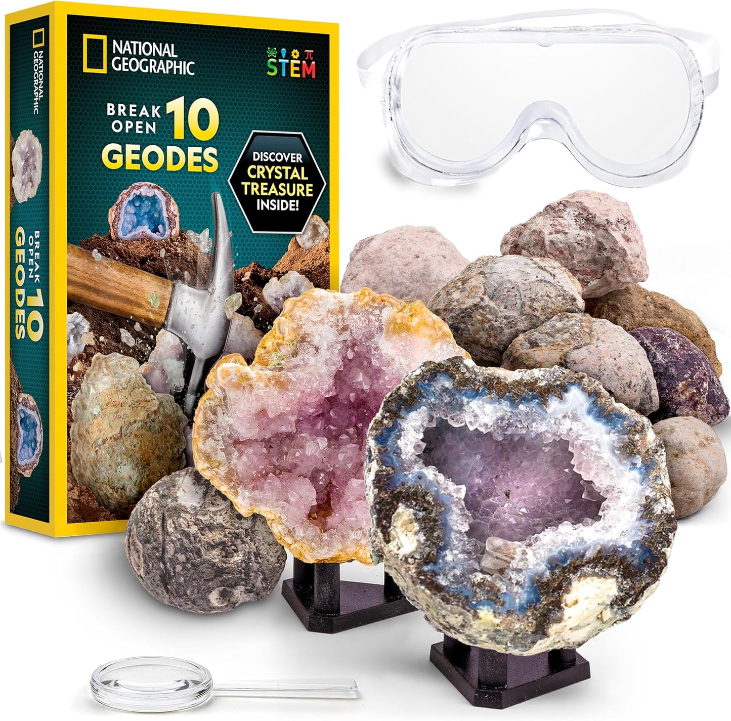 Hot National Geographic Break Open 10 Premium Geodes for Kids Ages 8-12 | Safety Goggles, Real Crystal Geodes, Geology Science Kit, Break Your Own Geodes, STEM Activity, Birthday Gift