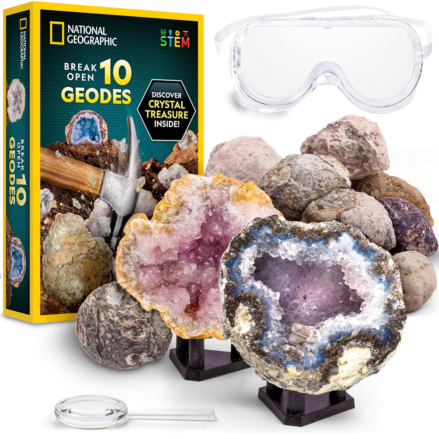 Hot National Geographic Break Open 10 Premium Geodes for Kids Ages 8-12 | Safety Goggles, Real Crystal Geodes, Geology Science Kit, Break Your Own Geodes, STEM Activity, Birthday Gift