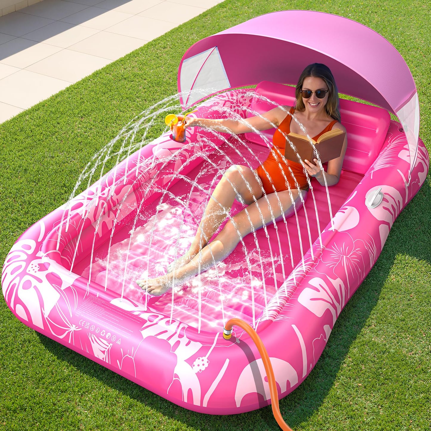HotInflatable Tanning Pool Lounger Float with Sprinkler & Canopy UPF50+, 77" x 48" Extra Large Tanning Pool Float for Adults, Sunbathing Water Lounge Bed with Pillow & Cup Holder for Backyard & Pool