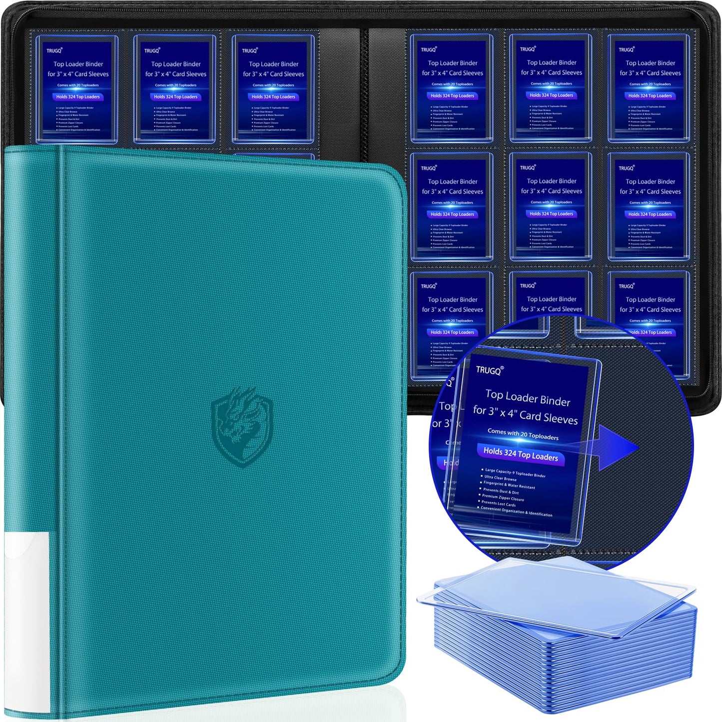 HotToploader Binder Holds 324 Toploaders - 20 Toploaders|Waterproof PU Leather + Anti-Yellowing PP Inserts | Ridge Tab Sorting Portable top loader binder for cards(For Sports/Game Cards)