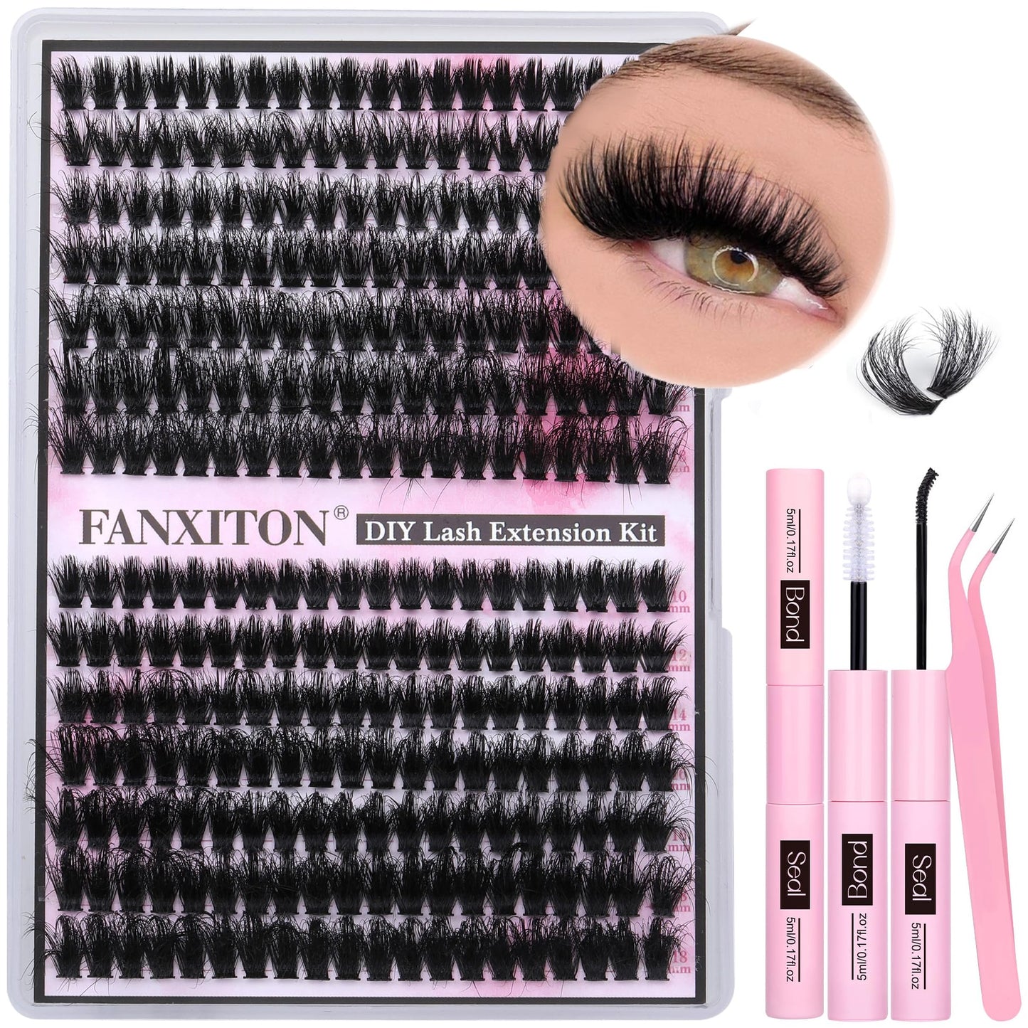 HotFANXITON DIY Individual Eyelash Extension Kit, Thick Volume Lash Clusters 40D+50D D Curvature, 280 Pieces Thin Band Cluster Lashes with Bond and Seal Tweezers