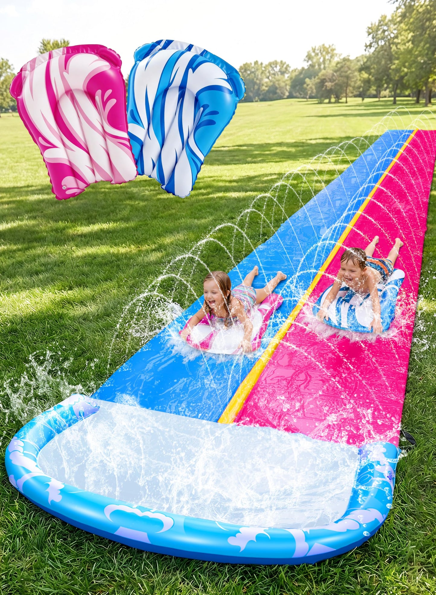 HotJOYIN 22.5ft Water Slides and 2 Bodyboards, Lawn Water Slide Summer Slip Waterslides Water Toy with Build in Sprinkler for Backyard Outdoor Water Fun for Kids