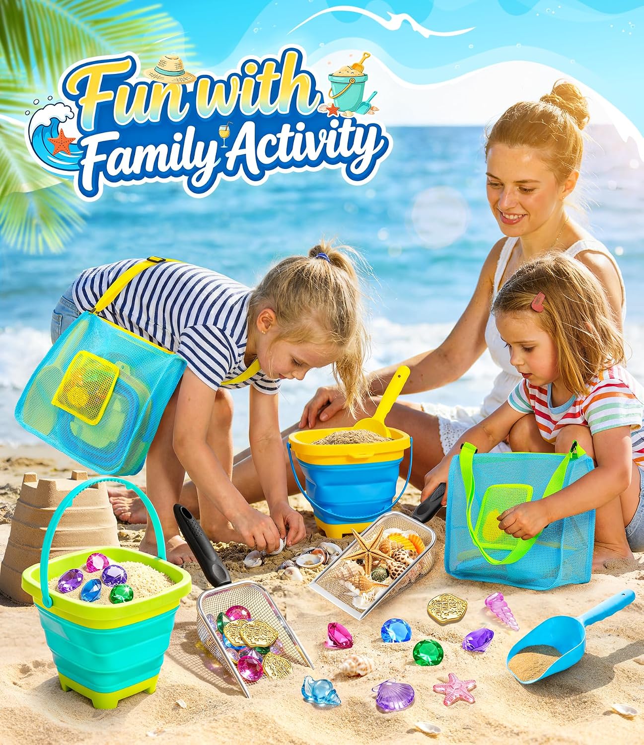 Hot DISHIO Beach Toys for Kids, 24 Pcs Metal Sand Sifter & Collapsible Beach Buckets Set, Stainless Steel Sand Shovel, Sandcastle Building Kit with Mesh Bag, Travel Sand Toys for Toddlers Age 3-10