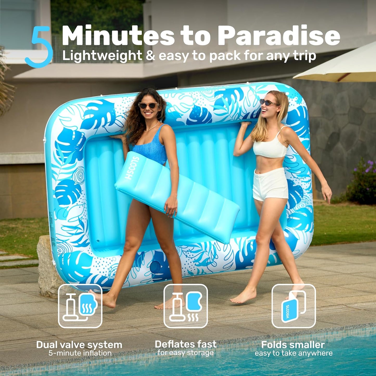 HotSLOOSH Inflatable Tanning Pool Lounger Float, 85" x 57" Extra Large Pool Floats Adult with Pillow, 4 in 1 Suntan Tub Raft Floatie,Sunbathing Bed Lounge for Water Blow Up Ball Pit Party Gifts, XL-Blue