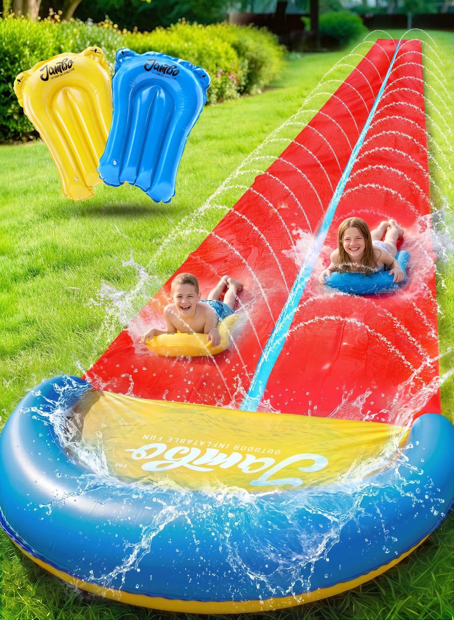 HotJAMBO Premium Triple Water Slide and 3 Bodyboards, 16Ft Heavy Duty Slip Splash and Slides-Advanced 3-Way Sprinkler System, Splash Pad Mat Backyard Summer Outdoor Water Toys n Long Slides for Kids