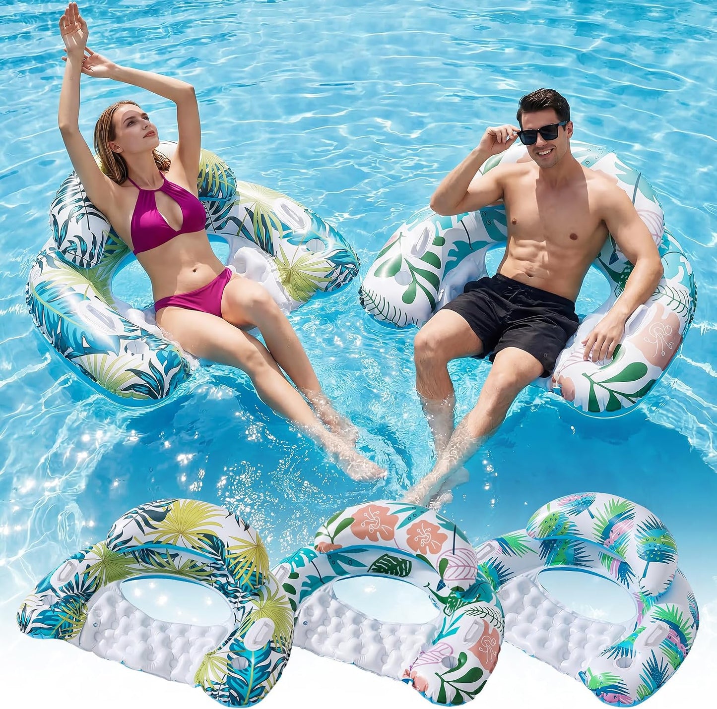 Hot3 Pack Pool Floats Adult, OKSUWATER Pool Floaties with Two Cup Holders & Handles, Inflatable Pool Floats Chairs, Lake Floats Applies to Swimming Pool Party Summer Lake Water Fun