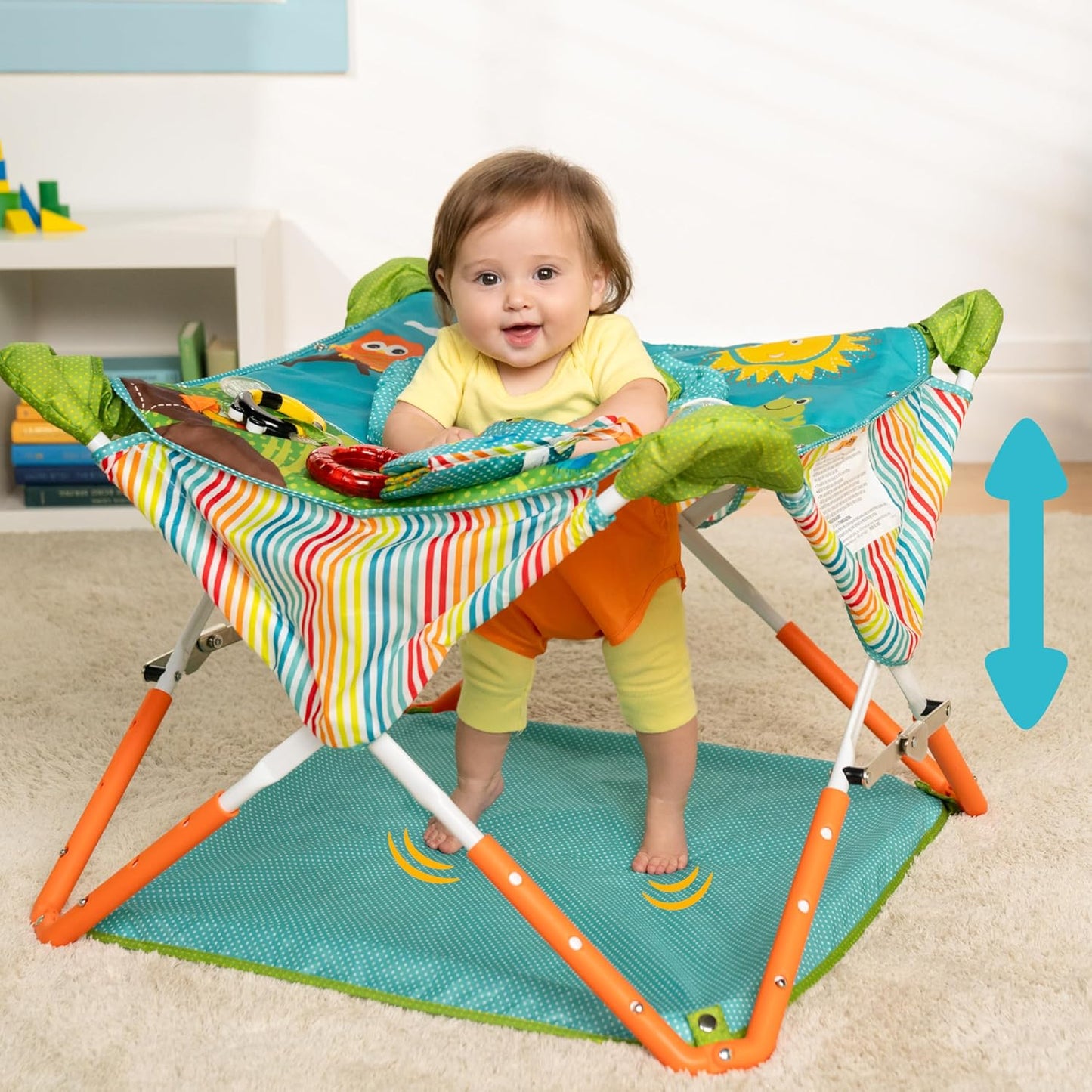 Hot Bright Starts Pop 'N Jump Portable Baby Jumper, Foldable Indoor/Outdoor Baby Jumper with Owl Forest Sensory Activities, Ages 6–12 Months