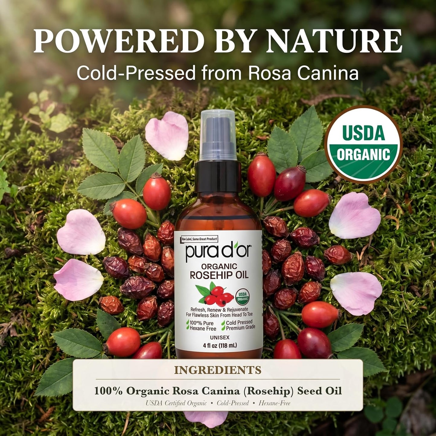 HotPURA D'OR ORGANIC Rosehip Seed Oil 100% Pure Cold Pressed USDA Certified For Hair, Skin, Scalp, Anti Aging Face & Body - Hexane Free Glass Bottle - 4 Oz - Hair Regrowth Tonic