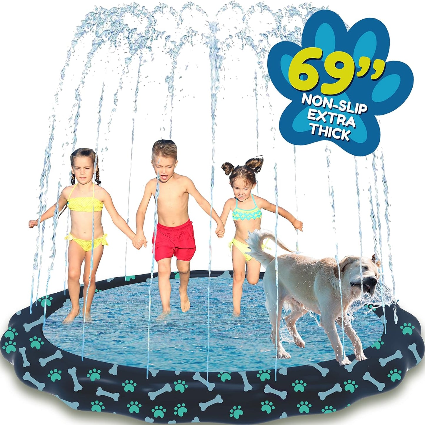 HotSplashEZ Non Slip Splash Pad for Kids & Dogs, 69’’ Extra Large Splash Pad Sprinkler for Kids, Dog Water Summer Toys - Great Outdoor Toys for Toddlers 1-3 & Children Ages 4-8, Baby Pool for Backyard