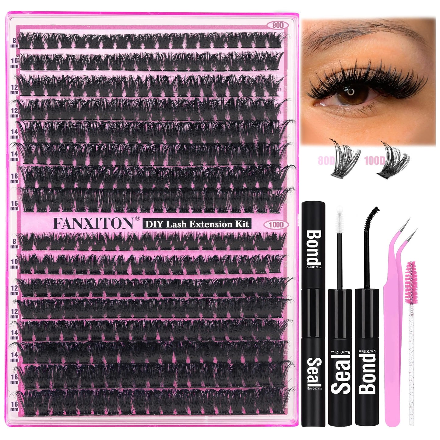 HotFANXITON DIY Individual Eyelash Extension Kit, Thick Volume Lash Clusters 40D+50D D Curvature, 280 Pieces Thin Band Cluster Lashes with Bond and Seal Tweezers