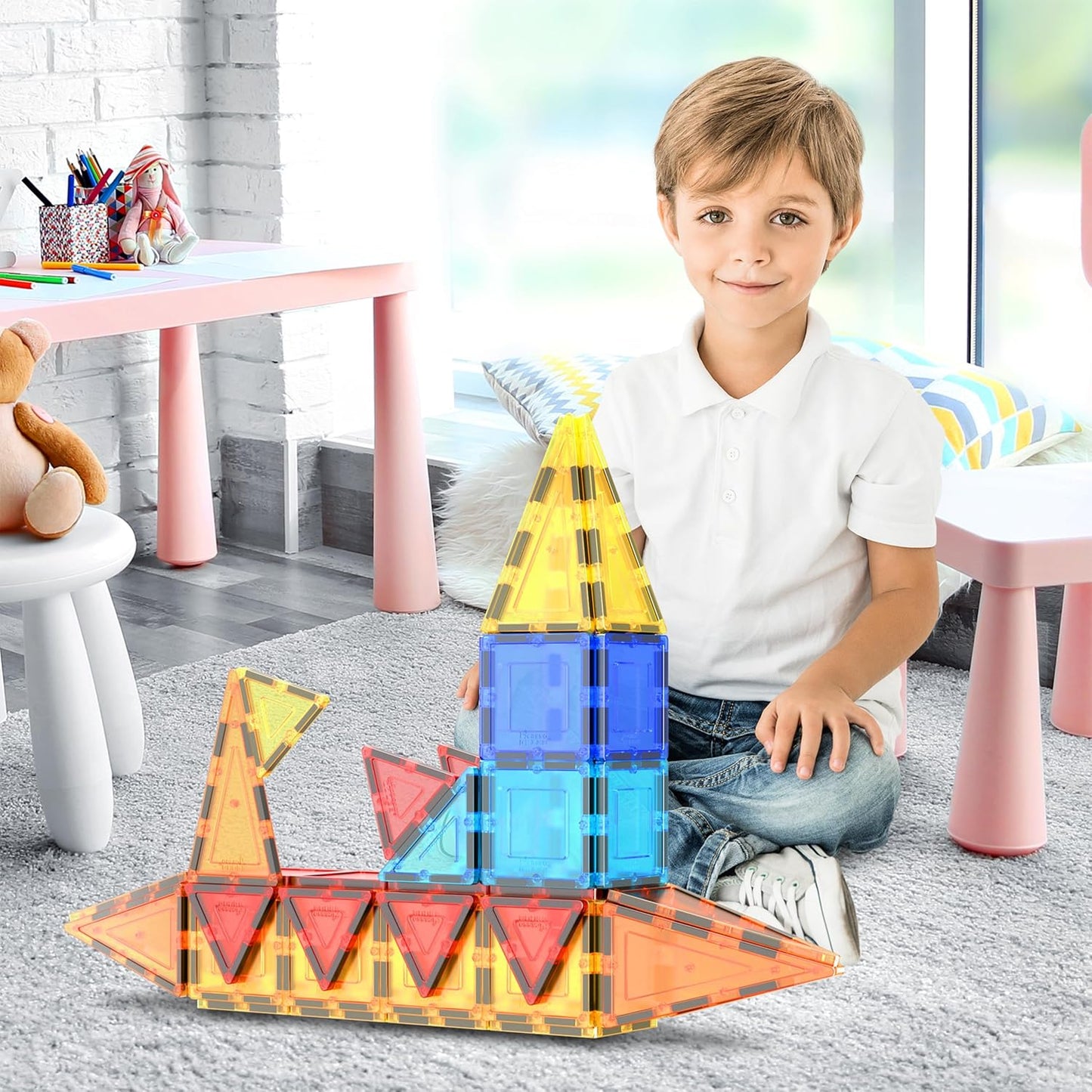 HotPicassoTiles 60 Piece Magnetic Tiles Clear 3D Building Blocks STEM Ages 3+ | Montessori sensory learning, easy small-hand grip, multiplayer group play fun, preschool classroom gifting, smooth safe edges