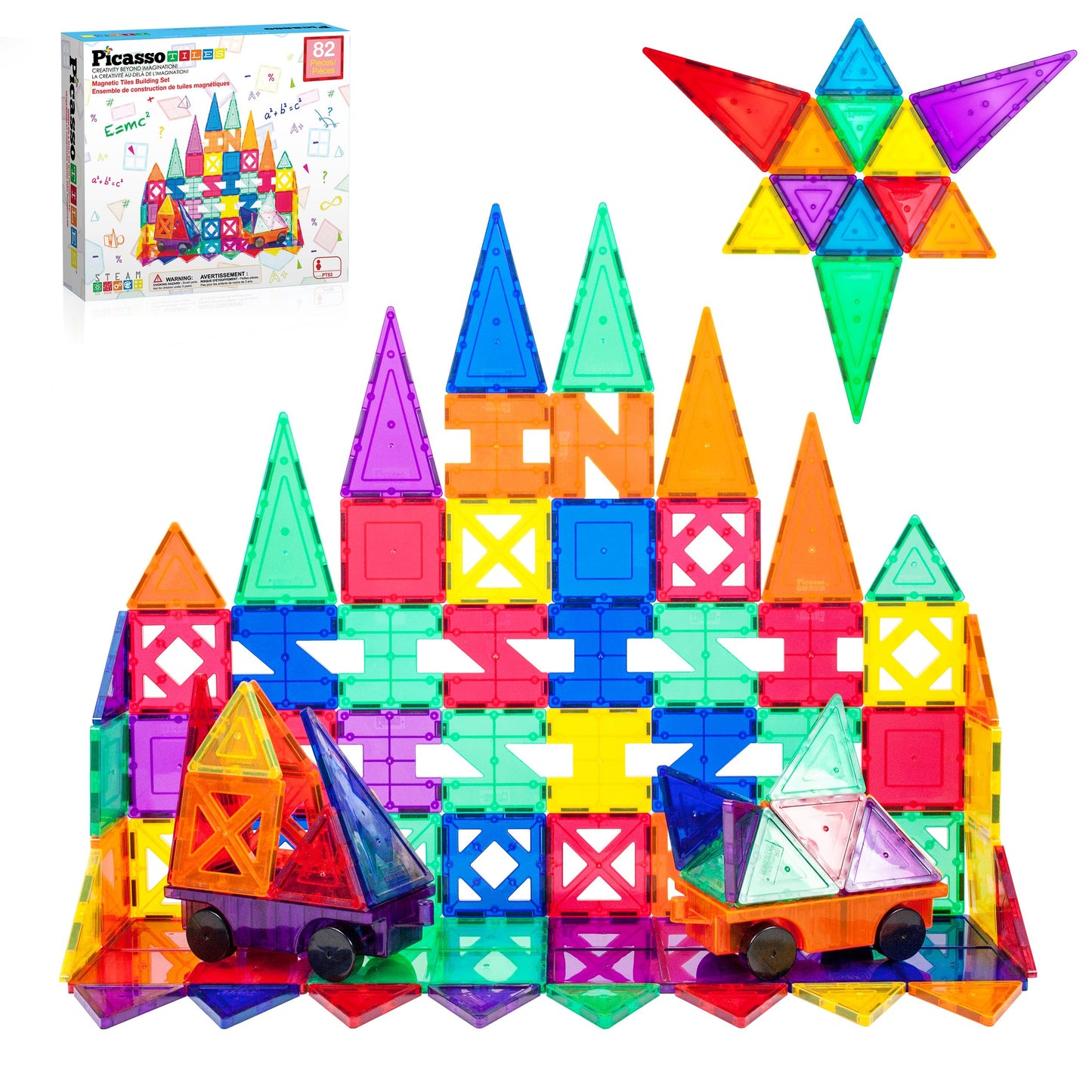 HotPicassoTiles 101 Piece Magnetic Tiles Building Set with Car & Bag Ages 3+ | BPA-free plastic, smooth-edge design, doors/windows, specialty shapes, spatial reasoning, hand-eye coordination, pretend play