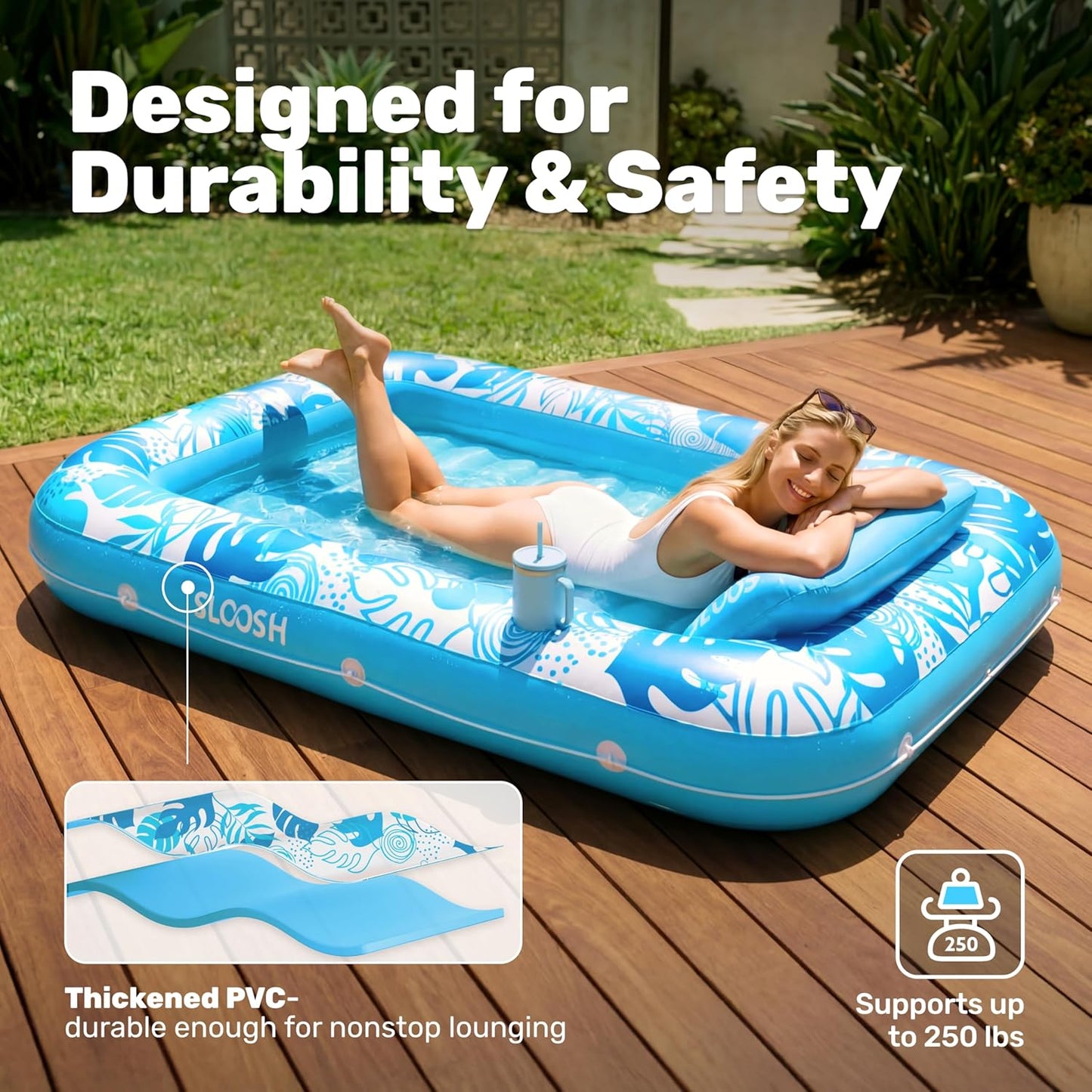 HotSLOOSH Inflatable Tanning Pool Lounger Float, 70" x 46" Pool Floats Adult with Pillow, 4 in 1 Suntan Tub Raft Floatie,Sunbathing Bed Lounge for Water Blow Up Kids Ball Pit Party Gifts, L-Blue