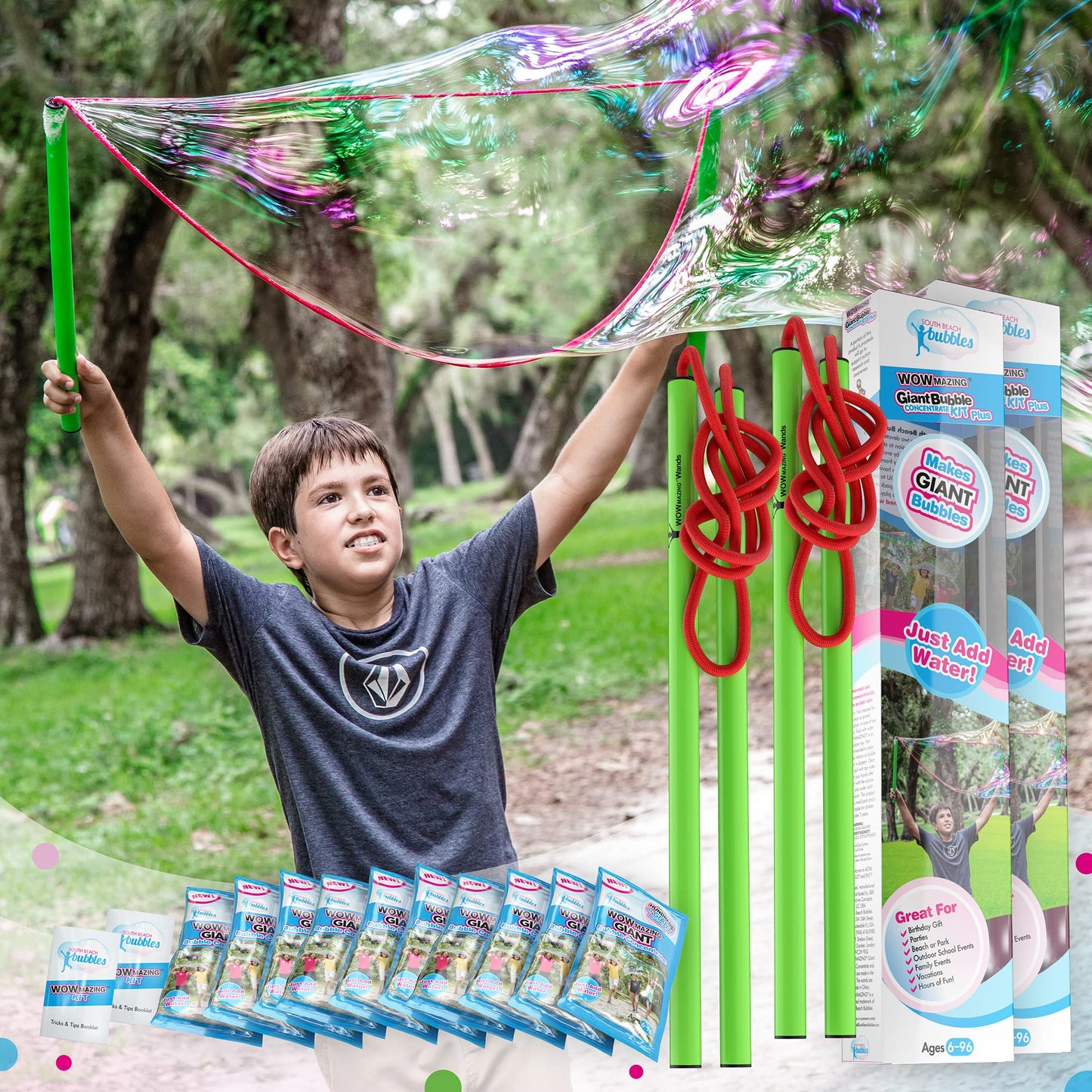 Hot WOWmazing Giant Bubble Wands Kit: (4-Piece Set) | Incl. Wand, Big Bubble Concentrate and Tips & Trick Booklet | Outdoor Toy for Kids, Boys, Girls | Bubbles Made in The USA
