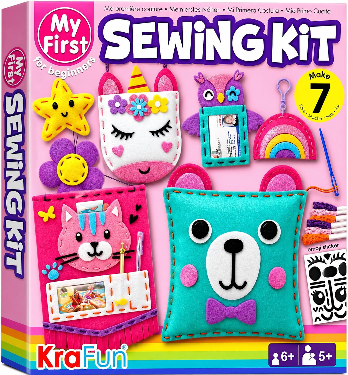 HotKRAFUN My First Sewing Kit for Kids Ages 6-12 | 7 Animal Dolls | 7 stuffed animal & plush pillow projects. Pre-punched felt & instructions included. Gift for girls & boys