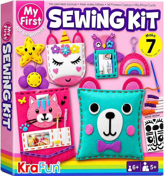 HotKRAFUN My First Sewing Kit for Kids Ages 6-12 | 7 Animal Dolls | 7 stuffed animal & plush pillow projects. Pre-punched felt & instructions included. Gift for girls & boys
