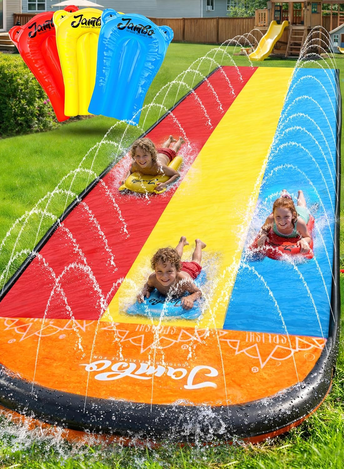 HotJAMBO Premium Triple Water Slide and 3 Bodyboards, 16Ft Heavy Duty Slip Splash and Slides-Advanced 3-Way Sprinkler System, Splash Pad Mat Backyard Summer Outdoor Water Toys n Long Slides for Kids
