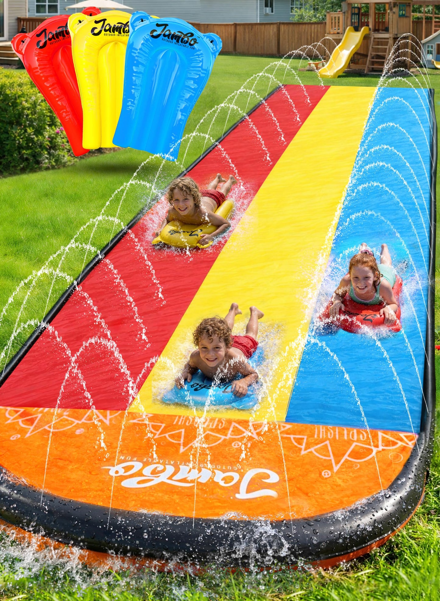 HotJAMBO Premium Triple Water Slide and 3 Bodyboards, 16Ft Heavy Duty Slip Splash and Slides-Advanced 3-Way Sprinkler System, Splash Pad Mat Backyard Summer Outdoor Water Toys n Long Slides for Kids
