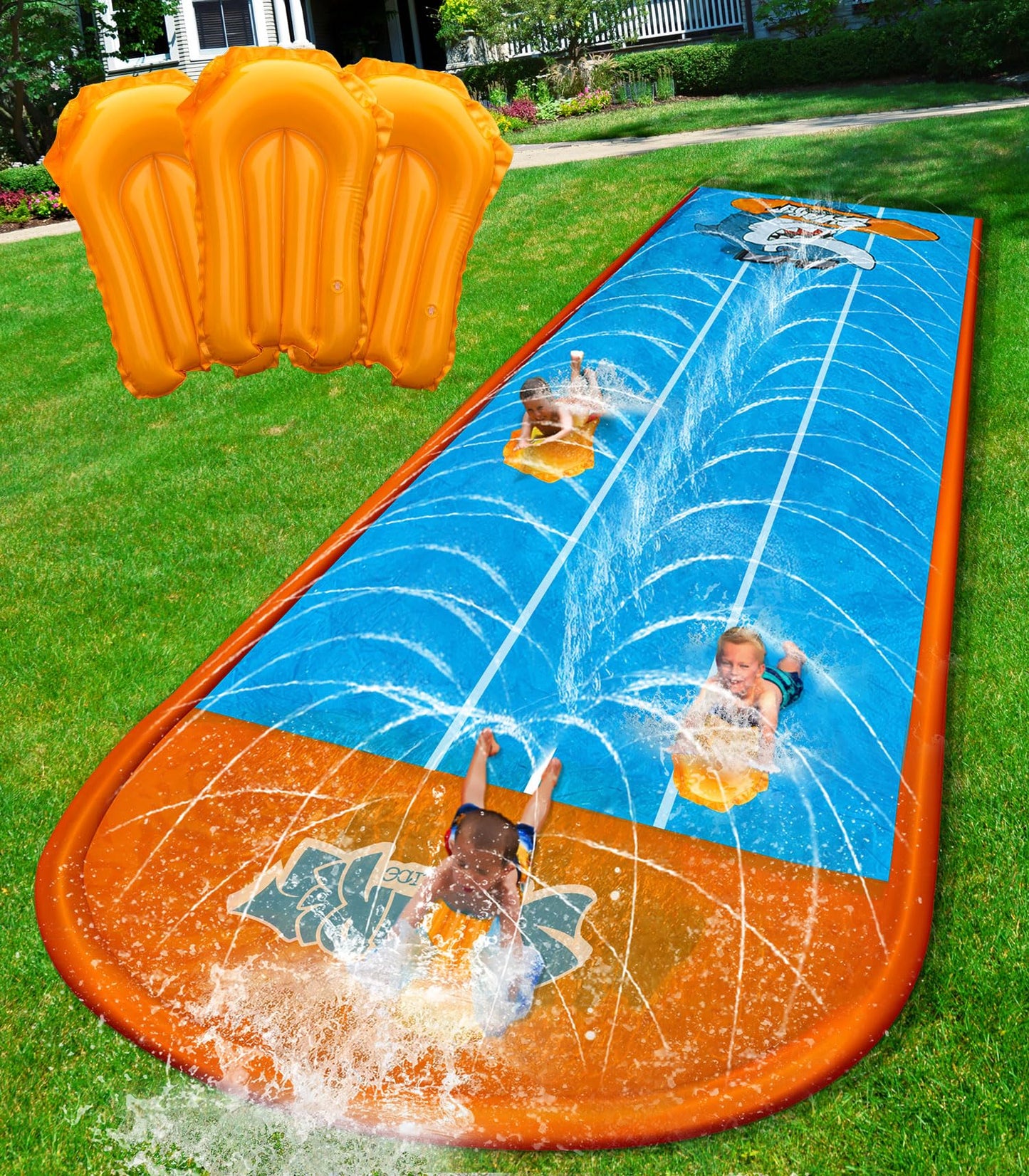 Hot Spring Water Slip and Water Slide for Kids Backyard, 22ft*3 Racing Lanes Slip Water Slides with Sprinkler for Age 5-8 8-12, Summer Outdoor Water Toy with 3 Inflatable Bodyboards