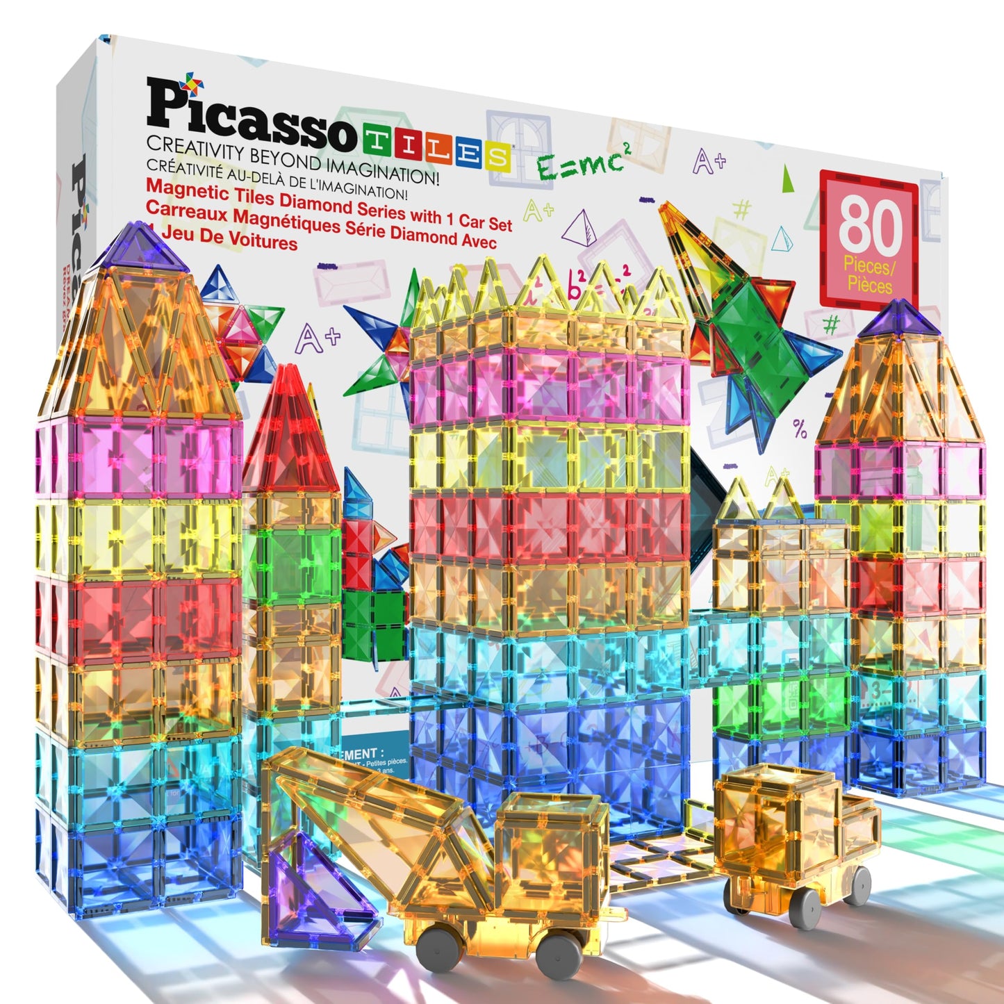 HotPicassoTiles 101 Piece Magnetic Tiles Building Set with Car & Bag Ages 3+ | BPA-free plastic, smooth-edge design, doors/windows, specialty shapes, spatial reasoning, hand-eye coordination, pretend play