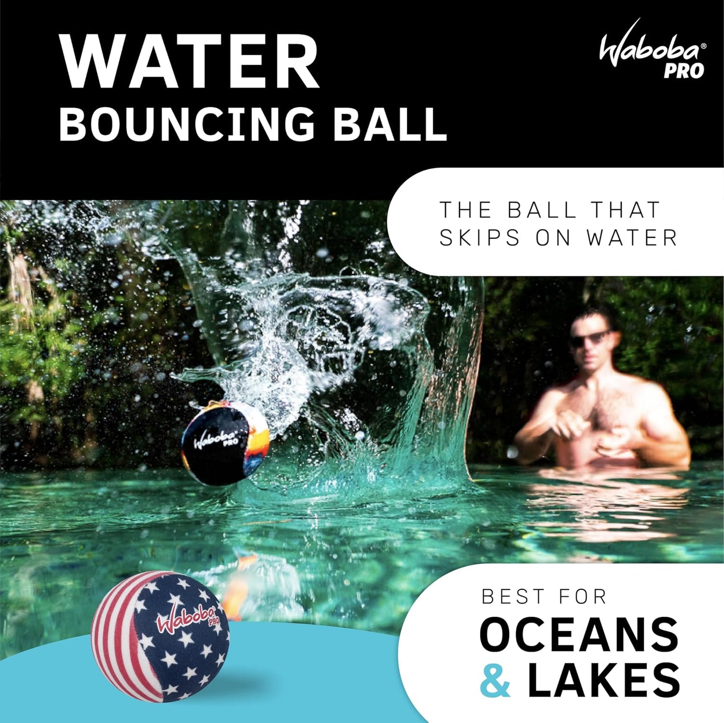 HotWaboba Original Water Skipping Ball Toy, Stars & Stripes | for Swimming Pool and Beach Games, for Kids and Teens