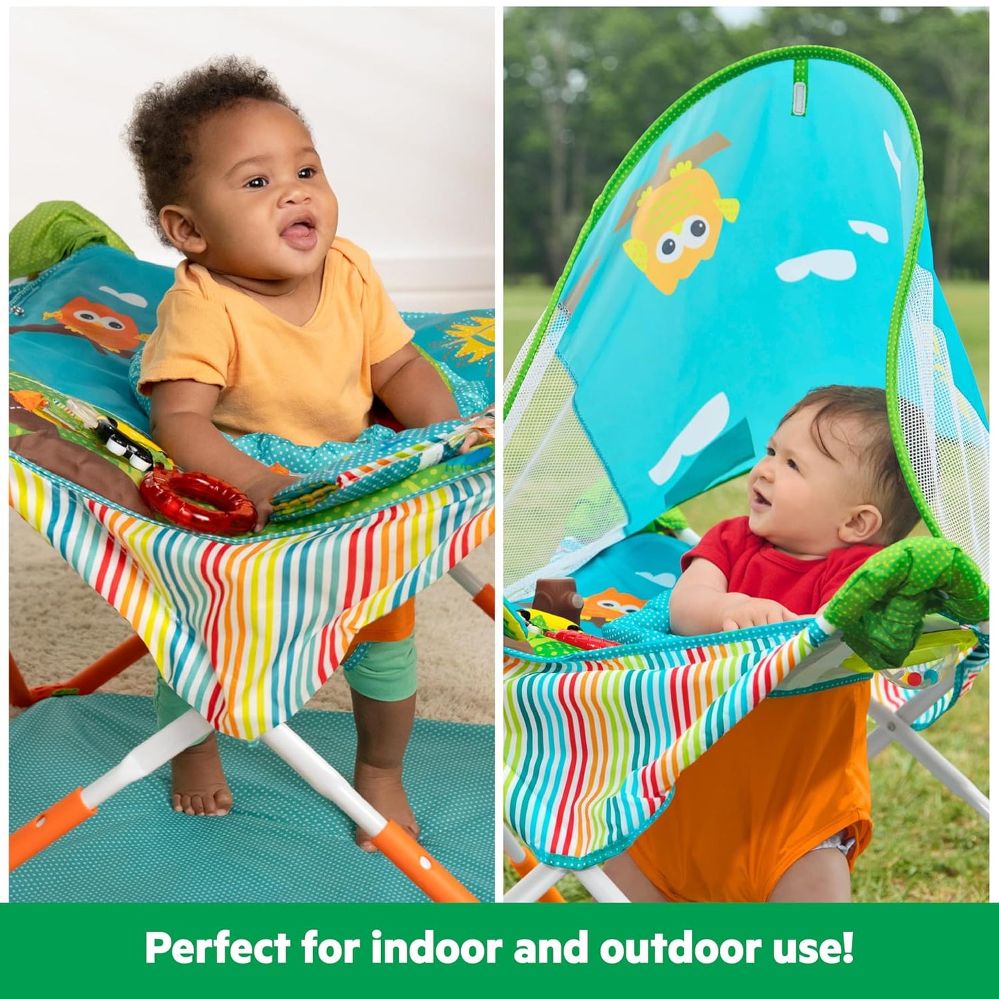 Hot Bright Starts Pop 'N Jump Portable Baby Jumper, Foldable Indoor/Outdoor Baby Jumper with Owl Forest Sensory Activities, Ages 6–12 Months