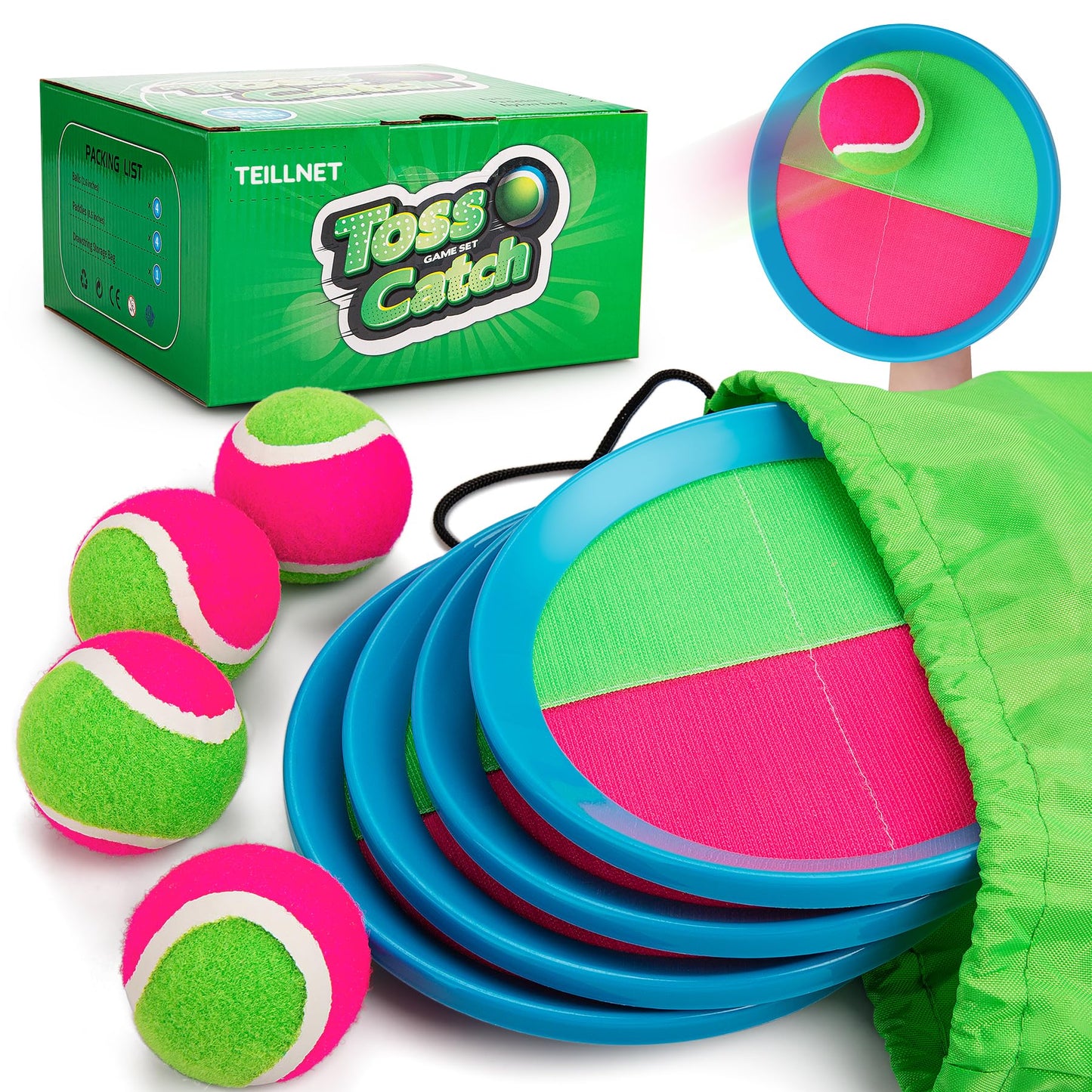 Hot TEILLNET Toss and Catch Ball Set Upgraded - Kids Toys Beach Toys Baseball Games - Sturdy & Water-Resistant for Outdoor Pool Yard Games - Classic Gift for Boys Girls 3 4 5 6 7 8 9 10 11 12+ Years