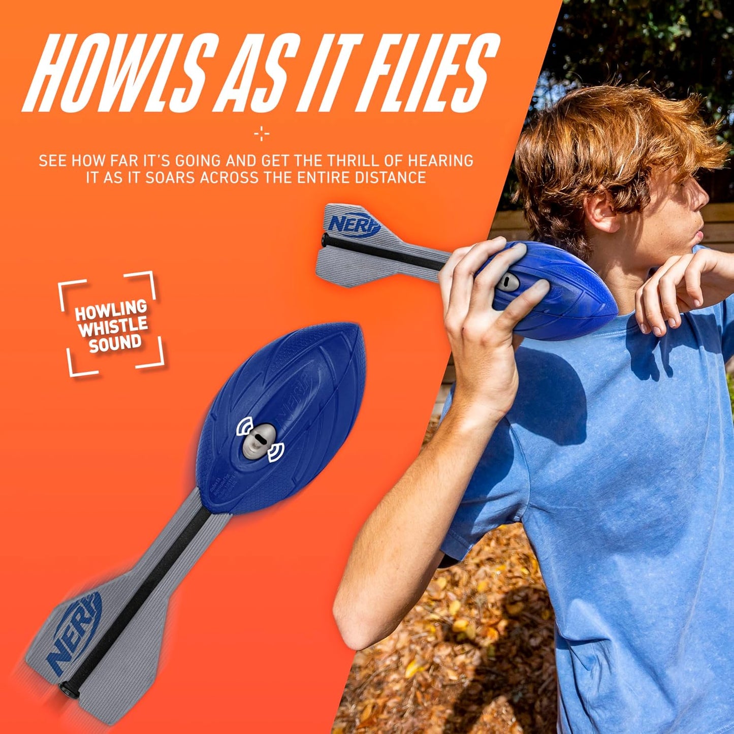 HotNerf Vortex Aero Howler Foam Ball – Classic Long-Distance Football - Flight-Optimizing Tail - Hand Grip – Indoor and Outdoor Fun (Blue)