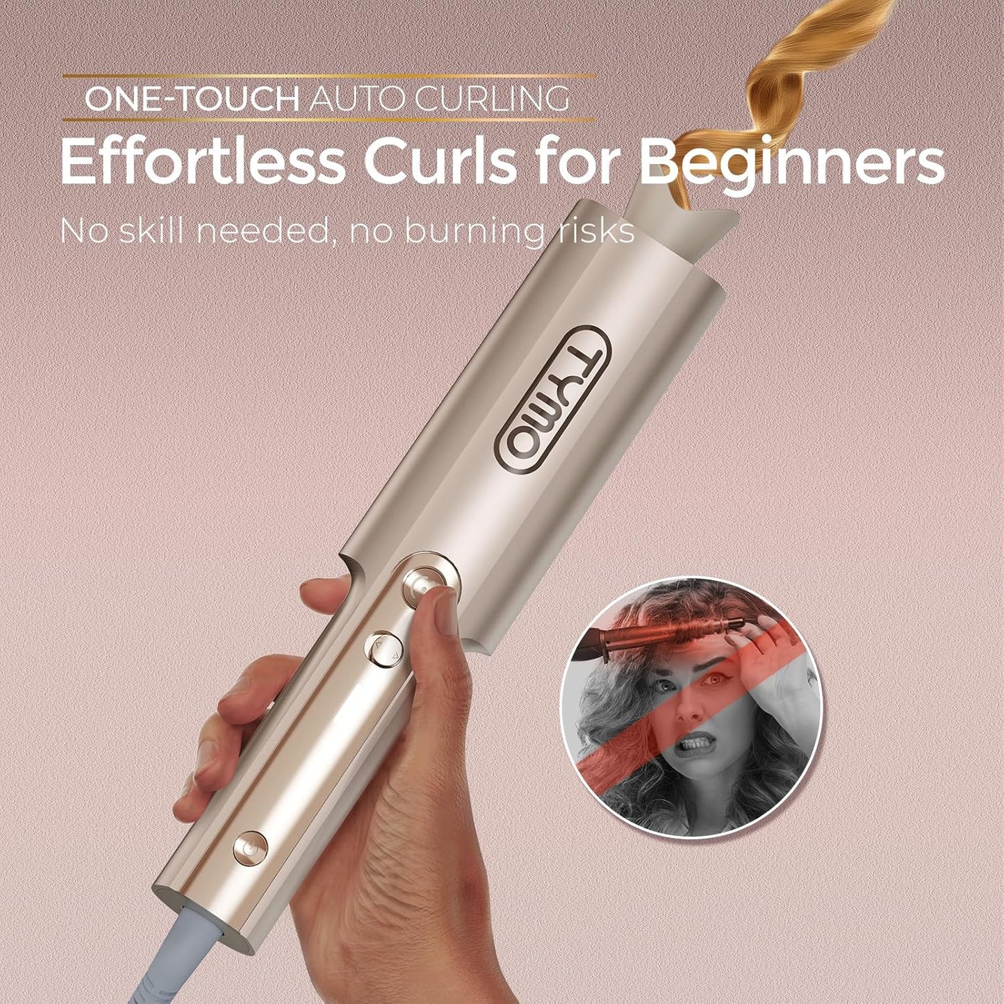 HotTYMO CurlPro Plus Automatic Rotating Curling Iron - Upgraded Long Barrel Curling Wand for Long Hair, Ceramic Hair Curler for Women, Anti-Scald, Tangle-Free, 600M Ionic, Dual Voltage, Gold, 1 Inch