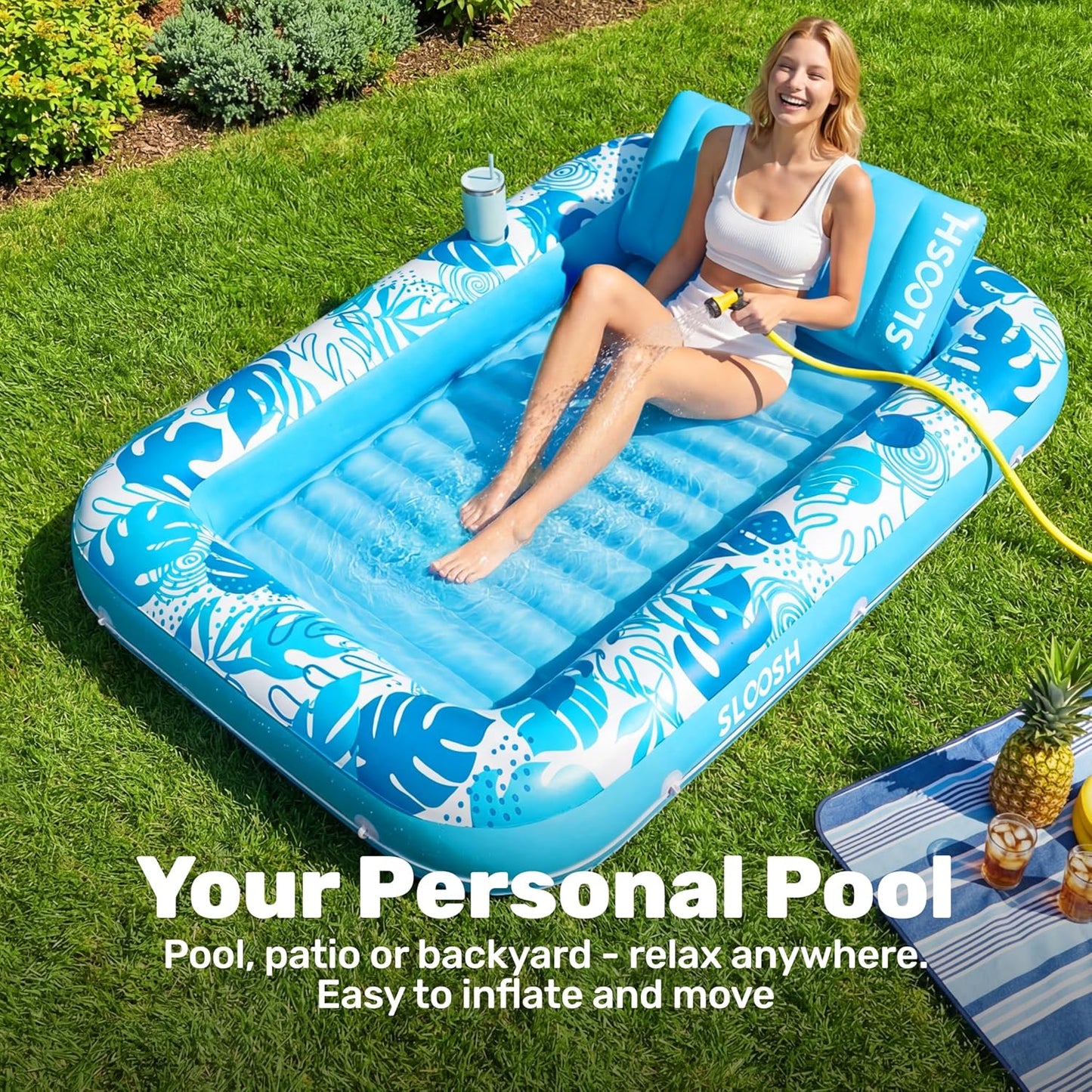 HotSLOOSH Inflatable Tanning Pool Lounger Float, 70" x 46" Pool Floats Adult with Pillow, 4 in 1 Suntan Tub Raft Floatie,Sunbathing Bed Lounge for Water Blow Up Kids Ball Pit Party Gifts, L-Blue