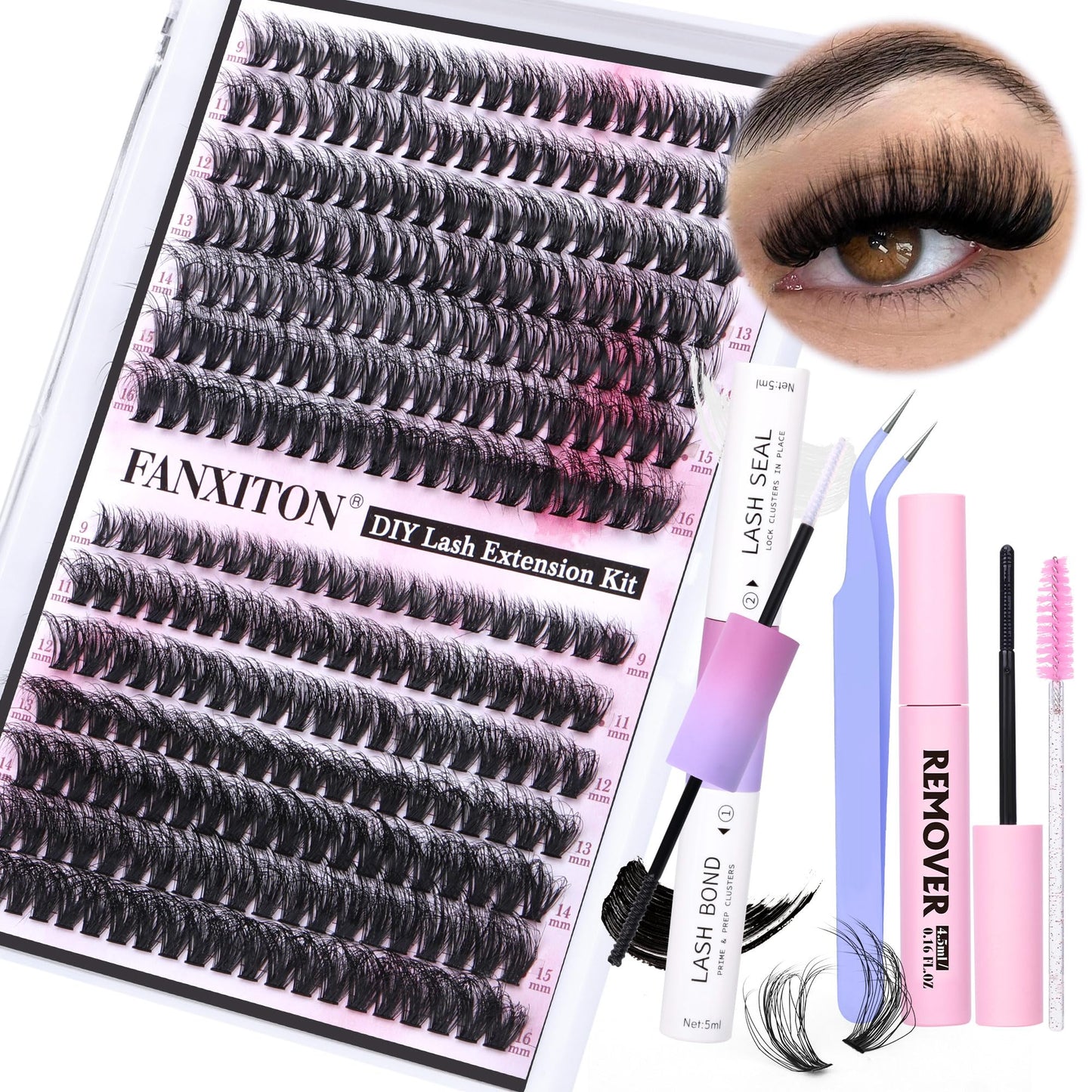 HotFANXITON DIY Individual Eyelash Extension Kit, Thick Volume Lash Clusters 40D+50D D Curvature, 280 Pieces Thin Band Cluster Lashes with Bond and Seal Tweezers
