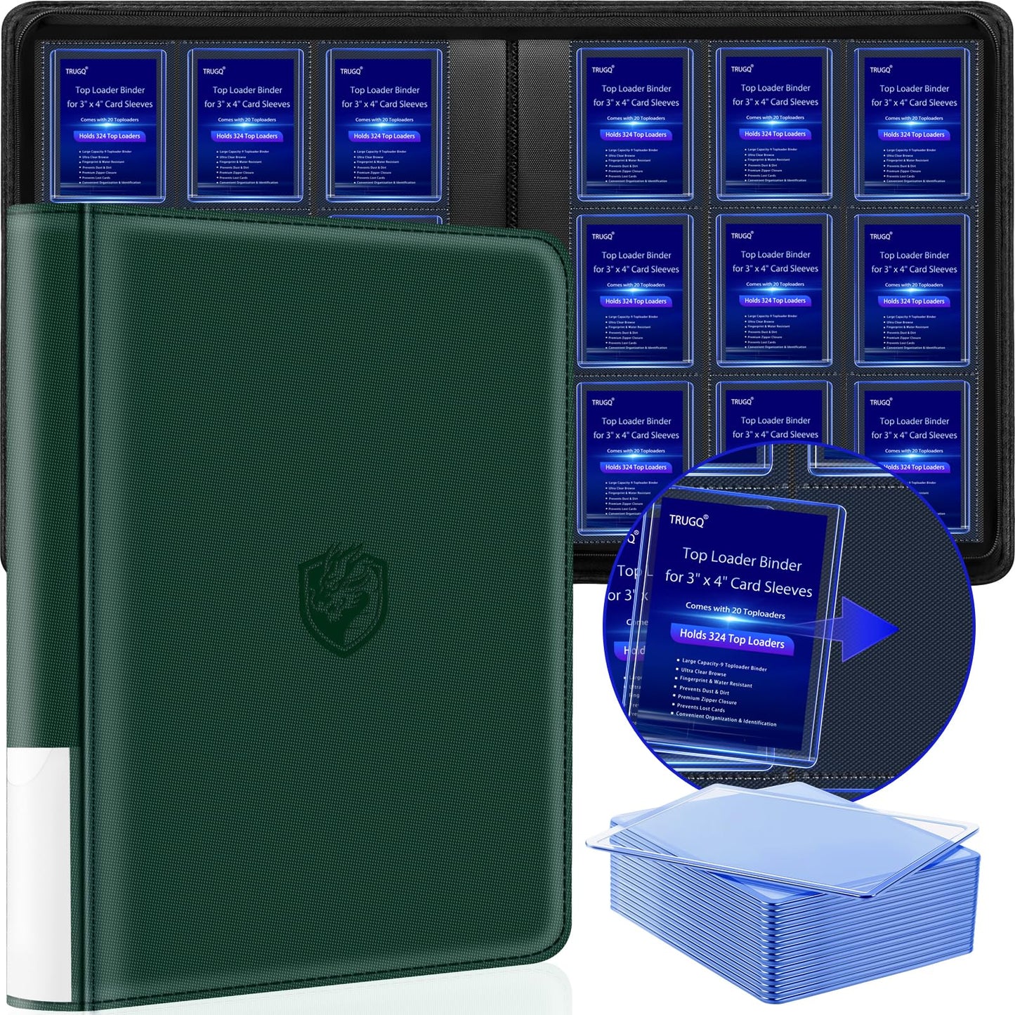 HotToploader Binder Holds 324 Toploaders - 20 Toploaders|Waterproof PU Leather + Anti-Yellowing PP Inserts | Ridge Tab Sorting Portable top loader binder for cards(For Sports/Game Cards)