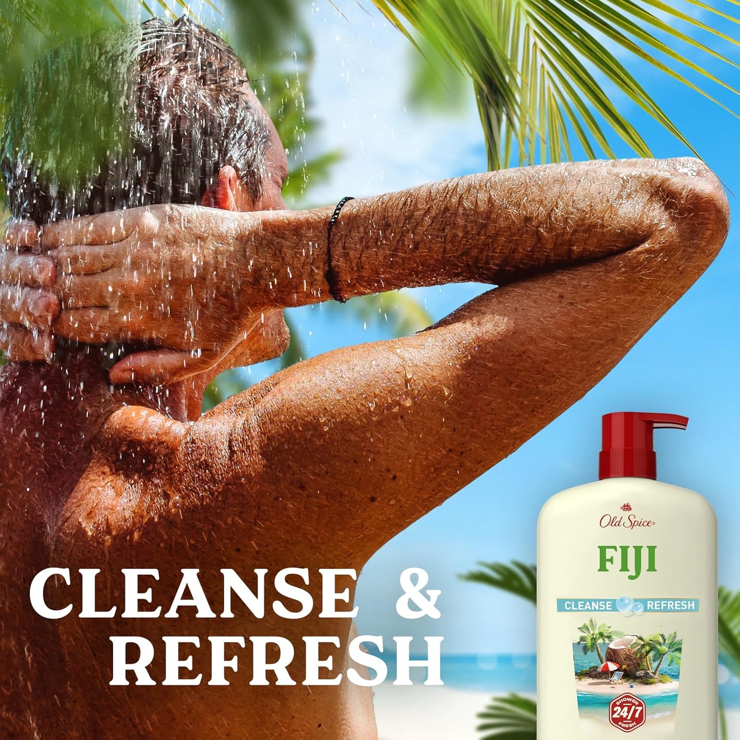 HotOld Spice Body Wash for Men, 24/7 Shower Fresh with Lasting Scent, Cleanse & Refresh, Gentle on Skin, Vitamin B3, Fiji with Palm Tree + Coconut Scent, 25 oz (Pack of 4)
