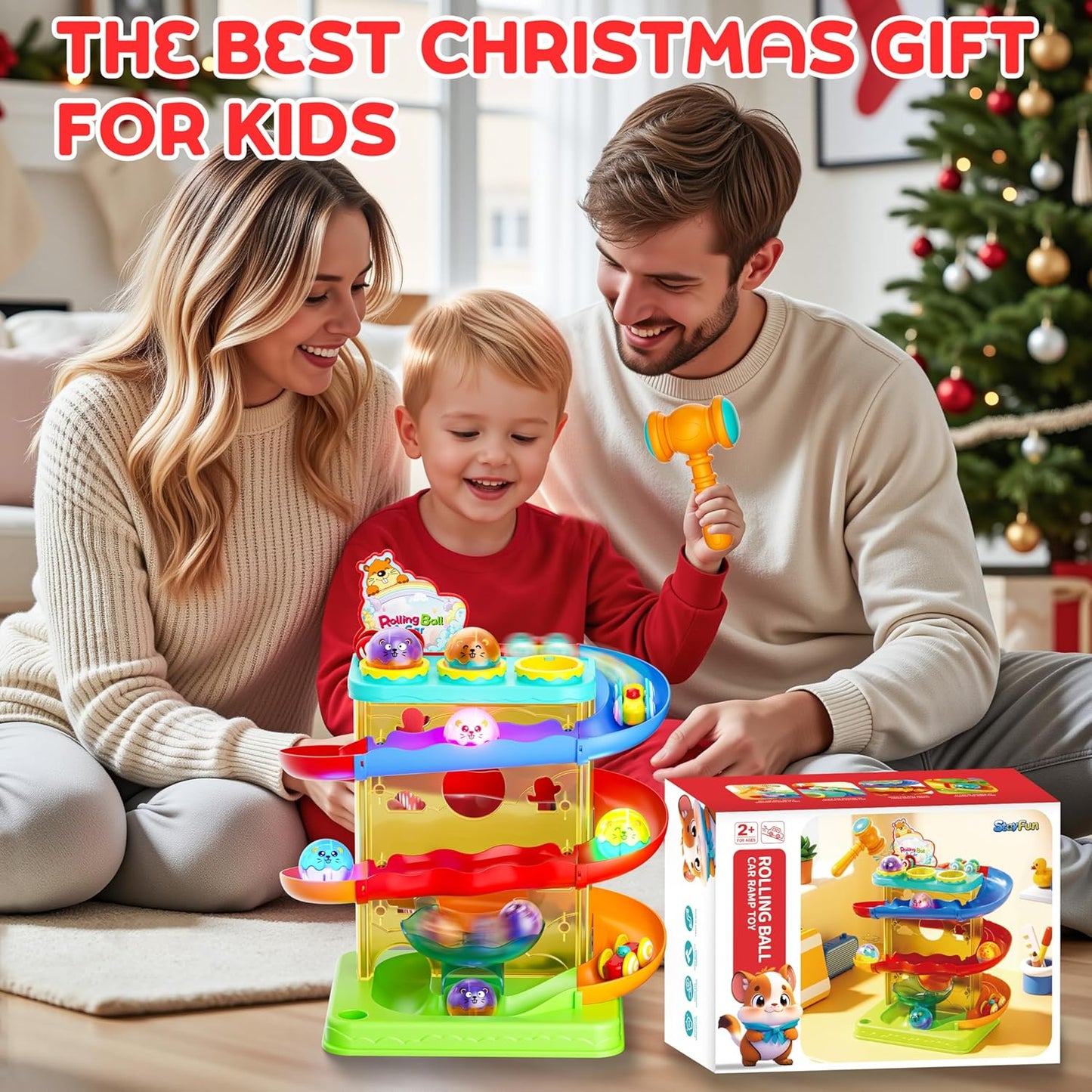 Hot2-in-1 Rolling Ball & Car Ramp Race Track for Toddlers, Hammer Ball Drop Toy for Boys & Girls, Interactive Playset w/Sensor Lights - Montessori STEM Learning Toys for Kids 1-5+ Year Old
