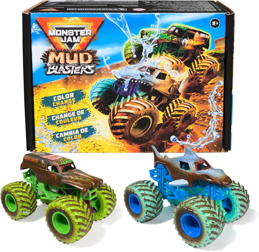 HotMonster Jam Mud Blasters, Grave Digger and Megalodon Color Changing Trucks 2-Pack, 1:64 Die Cast Vehicle, Kids Toys for Boys and Girls 3 and Up