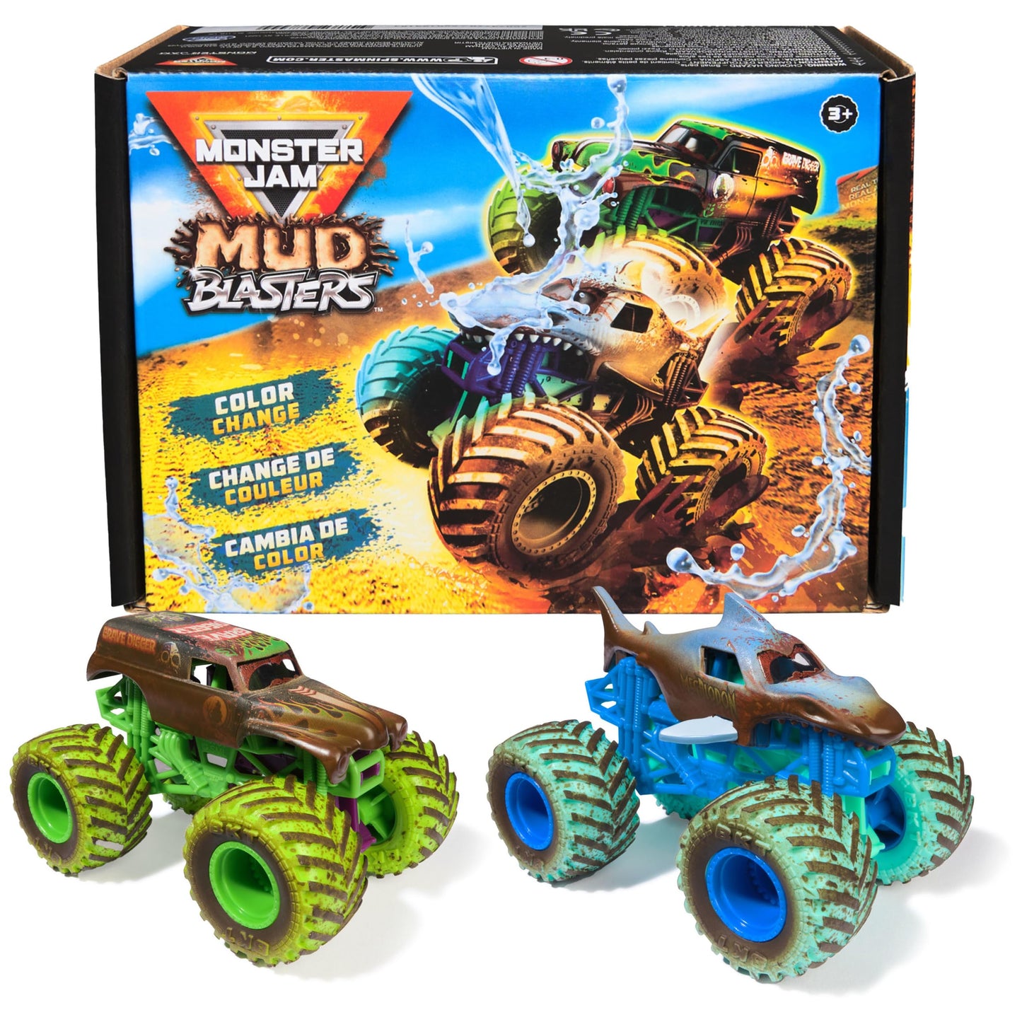 HotMonster Jam Mud Blasters, Grave Digger and Megalodon Color Changing Trucks 2-Pack, 1:64 Die Cast Vehicle, Kids Toys for Boys and Girls 3 and Up