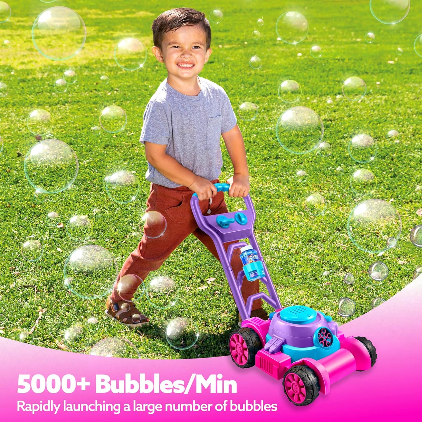 Hot SLOOSH Bubble Lawn Mower Toddler Toys - Spill-Proof Bubble Machine Pretend Gardening Toy for Age 1 2 3 1-3 Year Old Toddler Indoor Outdoor Use, Baby Girl Push Toys Easter Birthday Gift (Pink)