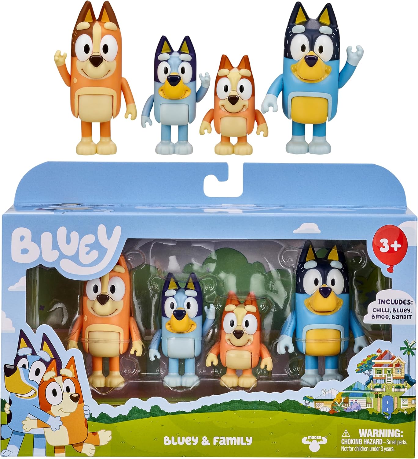 HotBluey Family Figure Pack of 4, Robust Poseable Character Toys with Bingo, Chilli, and Bandit Figures, Toddler-Sized Animal Figurines for Kids Ages 3+ | Movable arms & legs, portable size for on-the-go play; toddler figurine toys for kids ages 3+, thoug