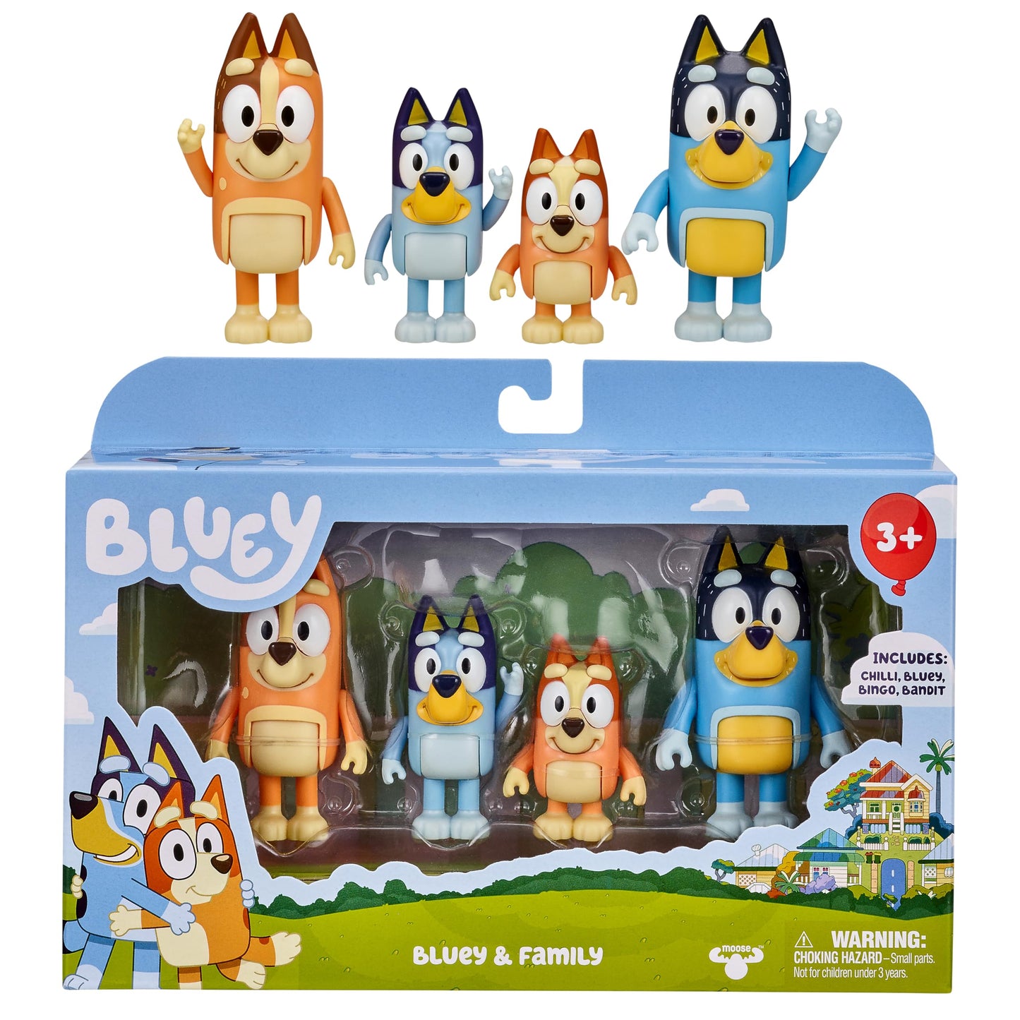 HotBluey Family Figure Pack of 4, Robust Poseable Character Toys with Bingo, Chilli, and Bandit Figures, Toddler-Sized Animal Figurines for Kids Ages 3+ | Movable arms & legs, portable size for on-the-go play; toddler figurine toys for kids ages 3+, thoug