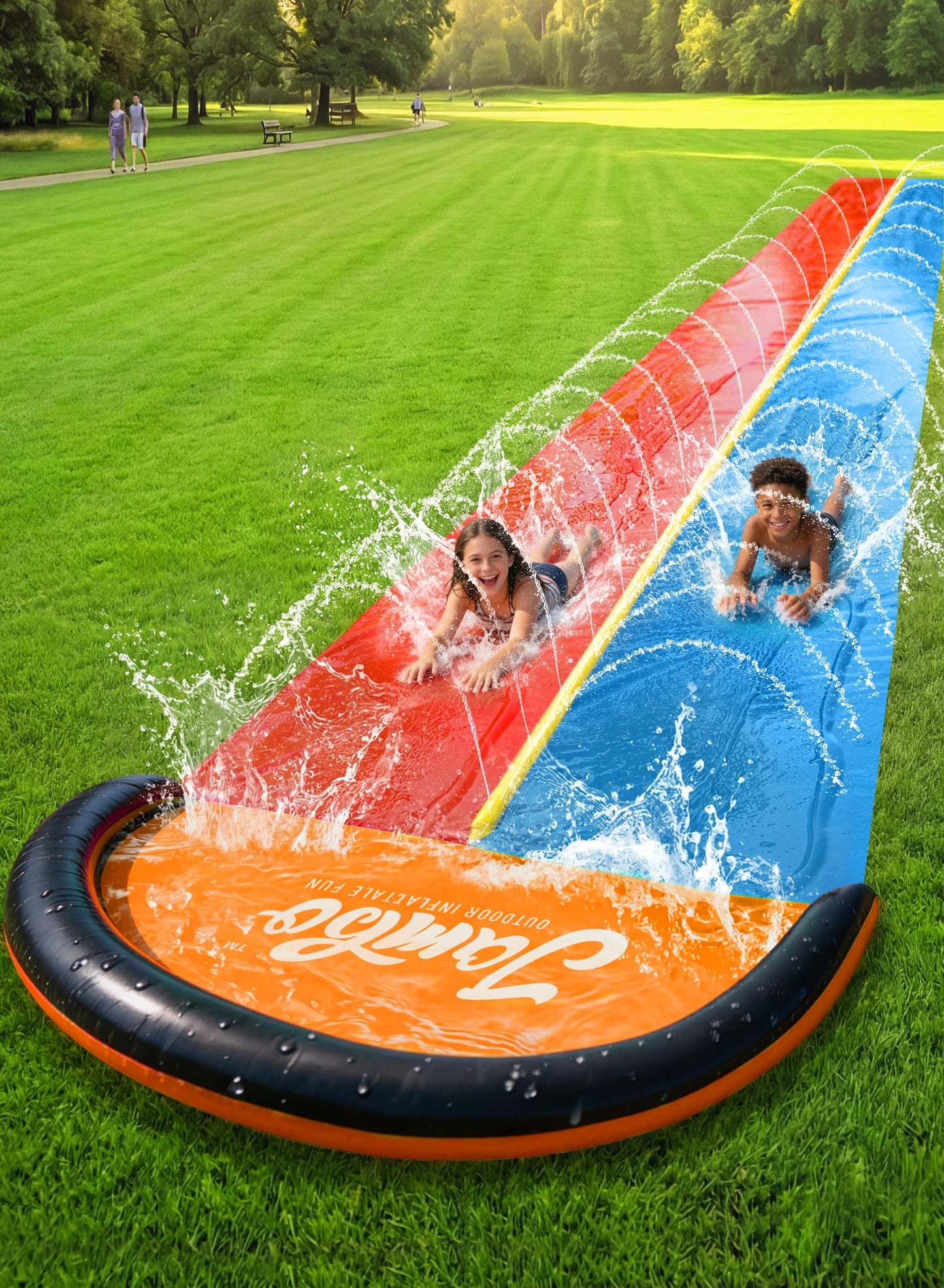 HotJAMBO Premium Triple Water Slide and 3 Bodyboards, 16Ft Heavy Duty Slip Splash and Slides-Advanced 3-Way Sprinkler System, Splash Pad Mat Backyard Summer Outdoor Water Toys n Long Slides for Kids