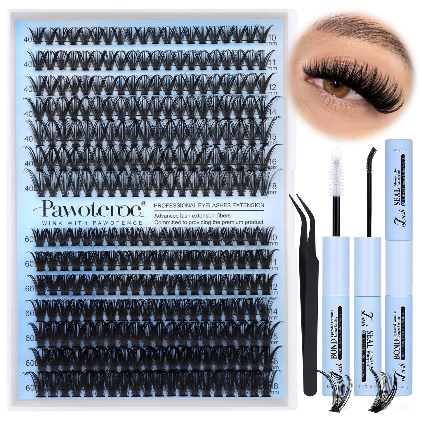 HotPawotence Lash Extension Kit DIY 280pcs Lash Clusters Eyelash Extension Kit, 9-16mm 30D 40D Individual Lashes Kit with Lash Bond and Seal, Lash Tweezers for Self Use (30D&40D, 0.07D, 9-16mm, Kit)
