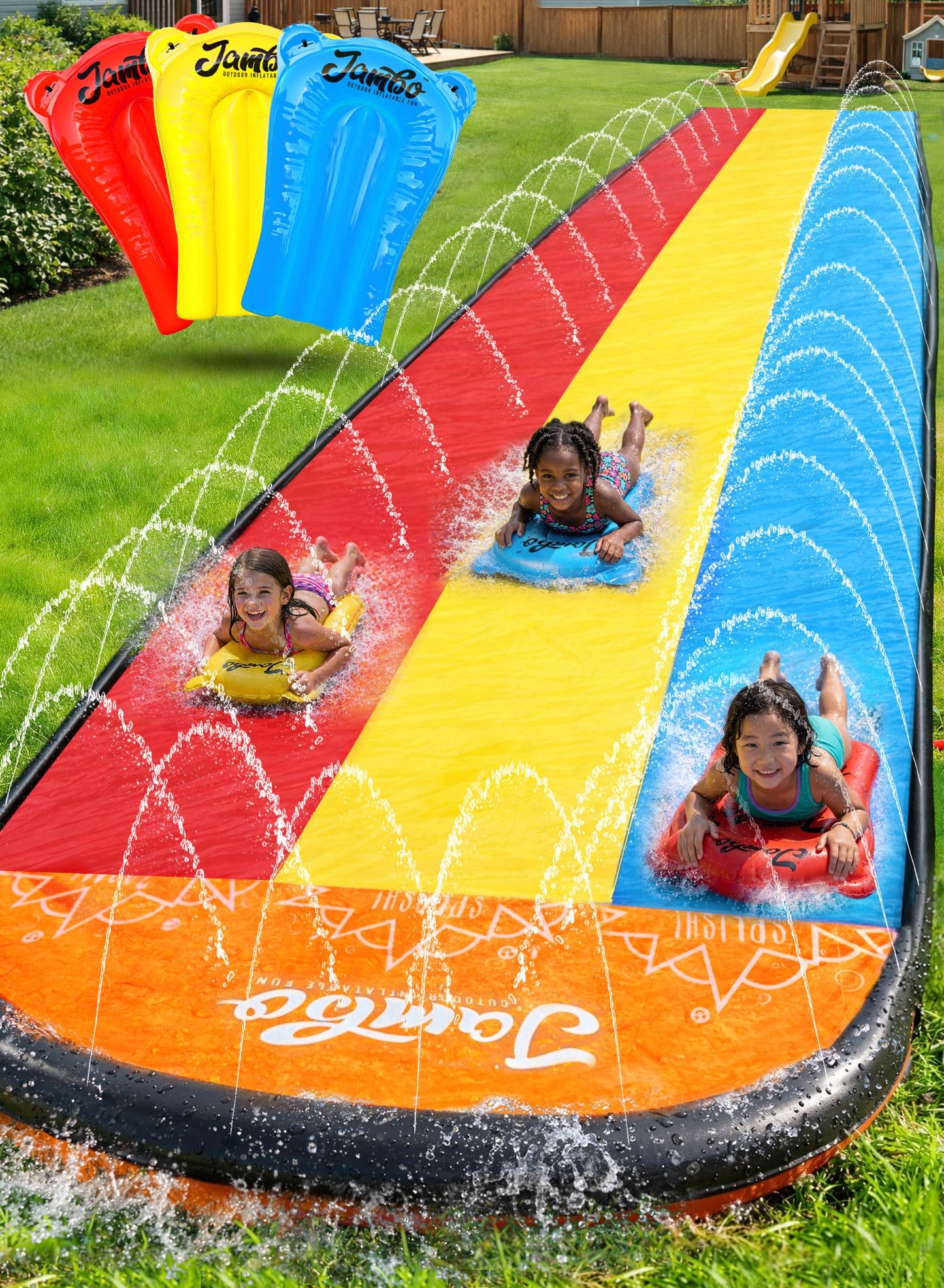 HotJAMBO Premium Triple Water Slide with 3 Bodyboards, 20Ft Heavy Duty Slip Splash and Slides-Advanced 3-Way Sprinkler System, Splash Pad Mat Backyard Summer Outdoor Water Toys n Long Slides for Kids